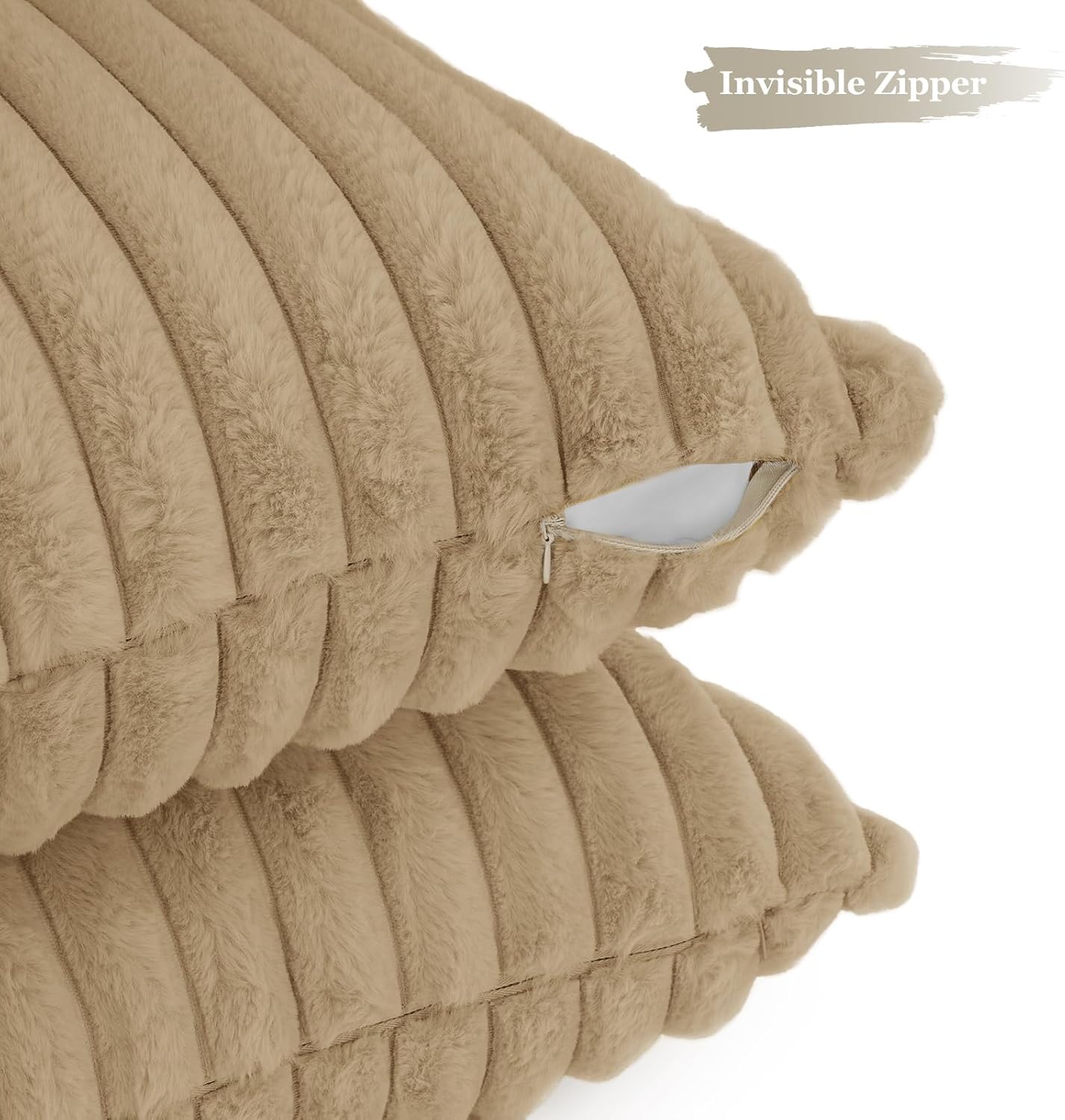 Faux Fur Cushion Covers - Chunky Embossed Flannel with Hidden Zipper - Natural, 45cm x 45cm (Pack of 2) 3