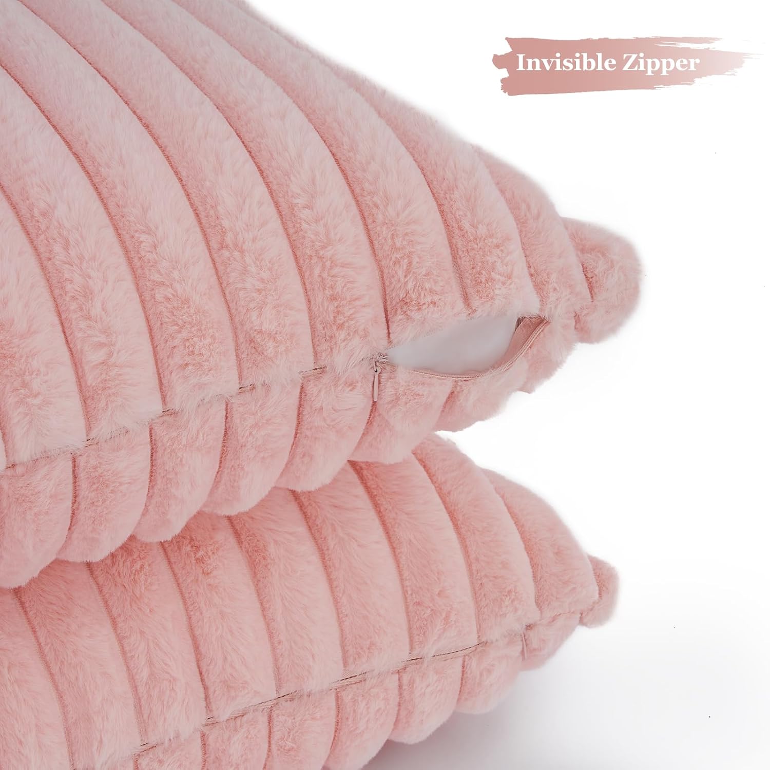 Faux Fur Cushion Covers - Chunky Embossed Flannel with Hidden Zipper - Pink, 45cm x 45cm (Pack of 2) 3