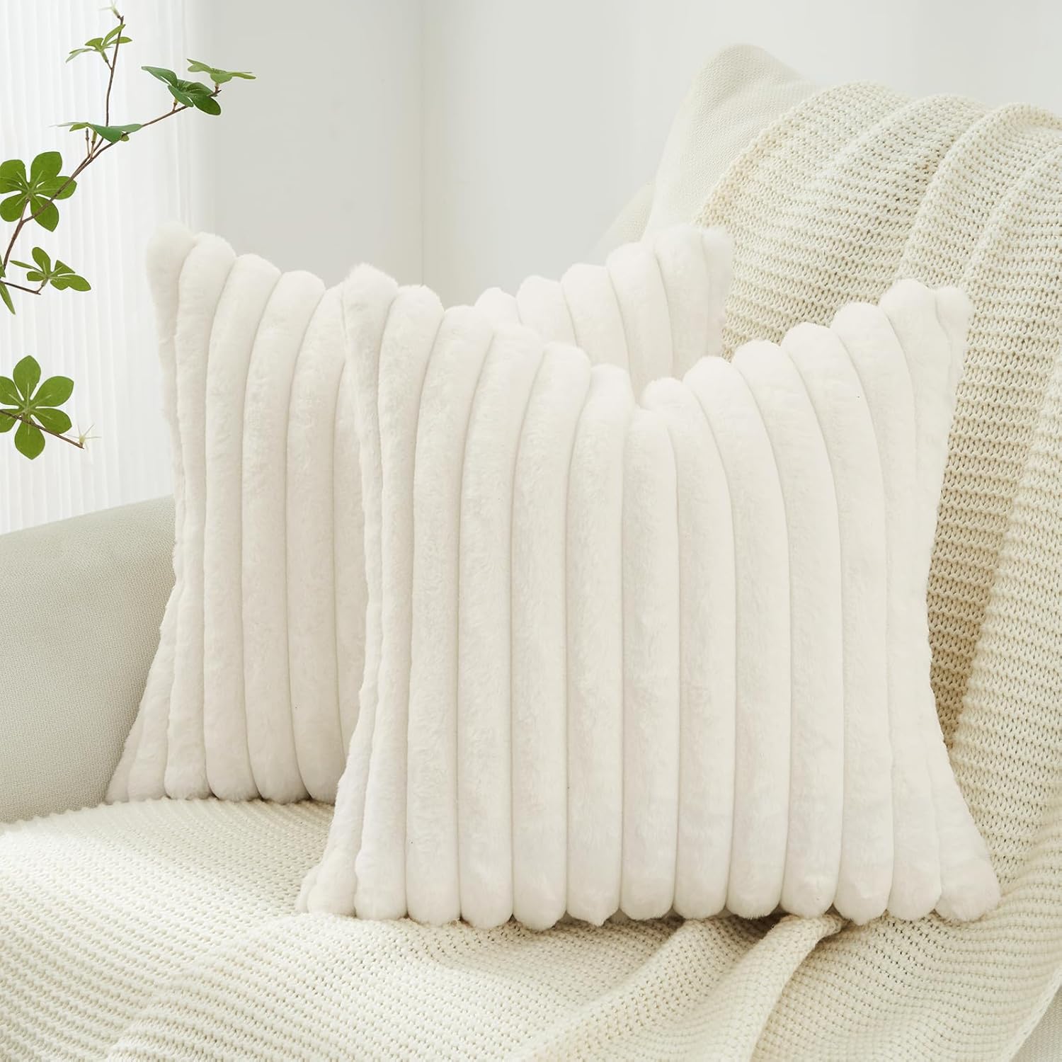 Faux Fur Cushion Covers - Chunky Embossed Flannel with Hidden Zipper - Snow, 45cm x 45cm (Pack of 2)