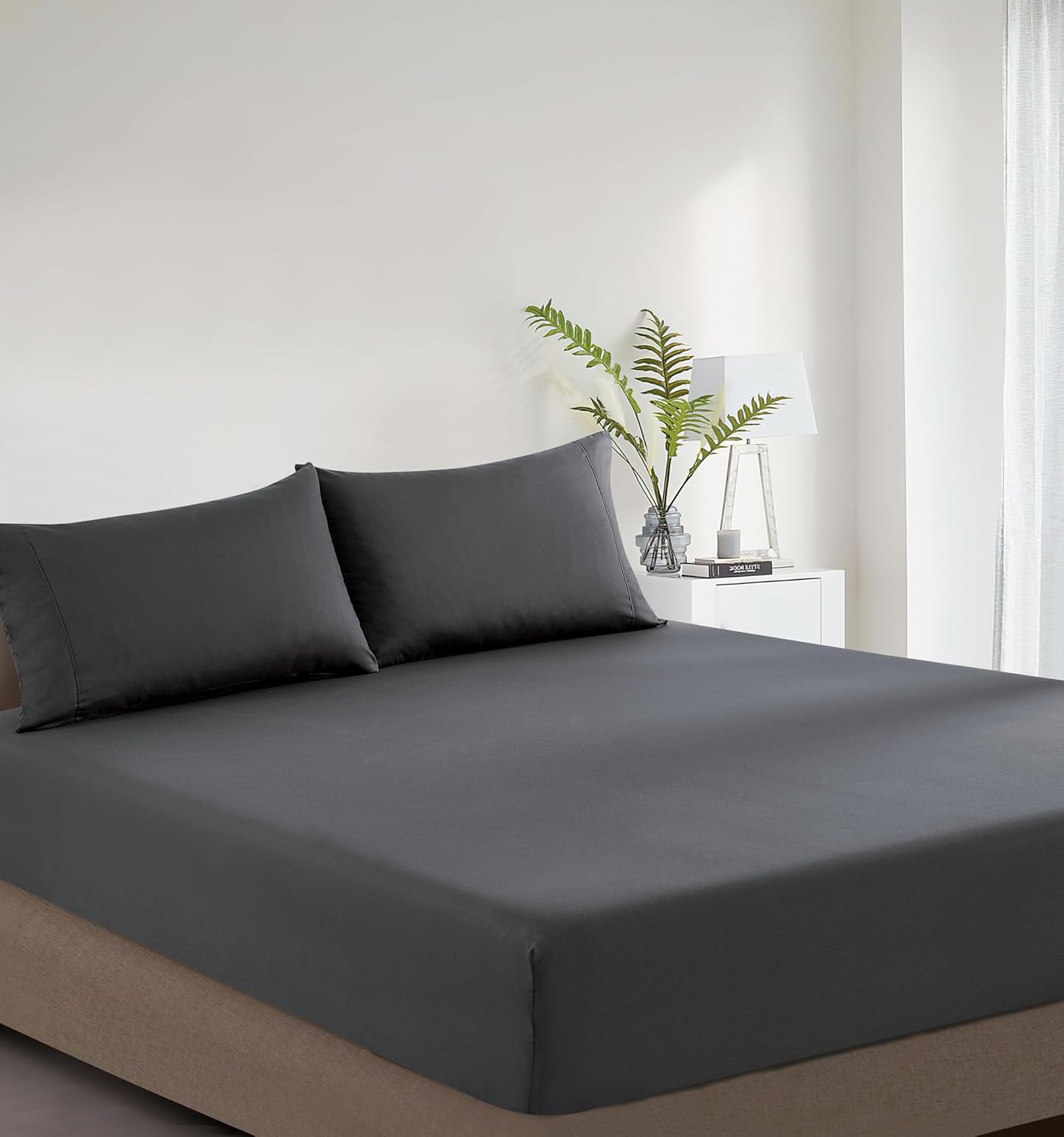 100% Vintage Washed Cotton Fitted Sheet Combo Set – 100% Natural Cotton, Ultra Soft & Breathable – Includes Fitted Sheet & Pillowcases – Machine Washable (Charcoal, King Single)