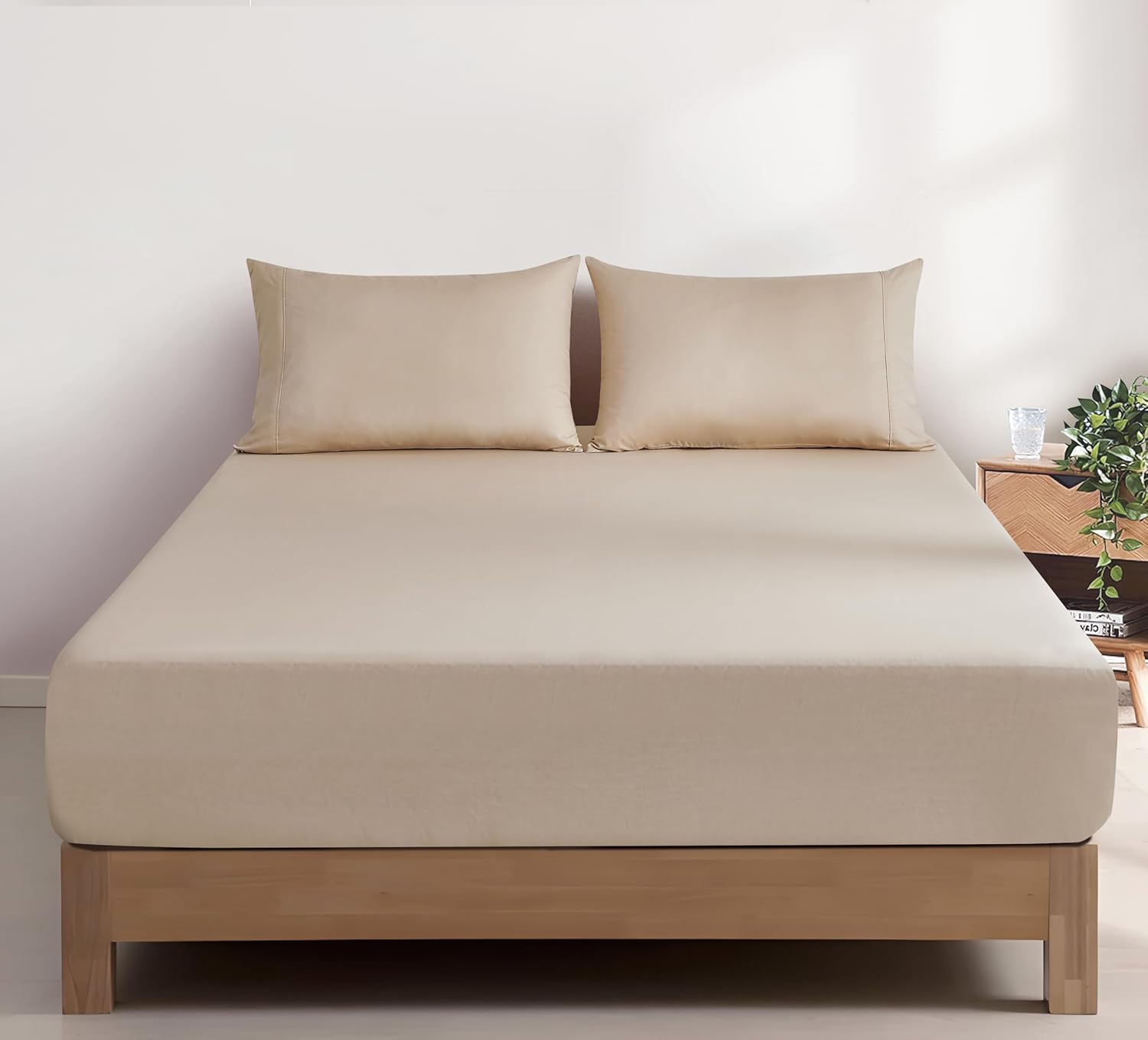 100% Vintage Washed Cotton Fitted Sheet Combo Set – 100% Natural Cotton, Ultra Soft & Breathable – Includes Fitted Sheet & Pillowcases – Machine Washable (Natural, King Single)