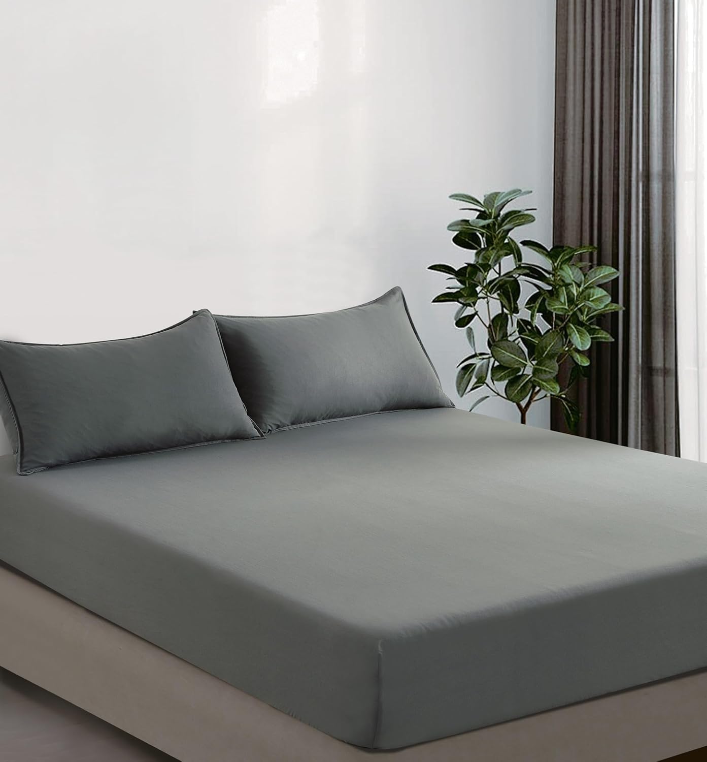 100% Vintage Washed Microfibre Fitted Sheet Set – Ultra Soft & Lightweight All-Season Fitted Sheet with 1 Pillowcase (Grey, King Single Size)