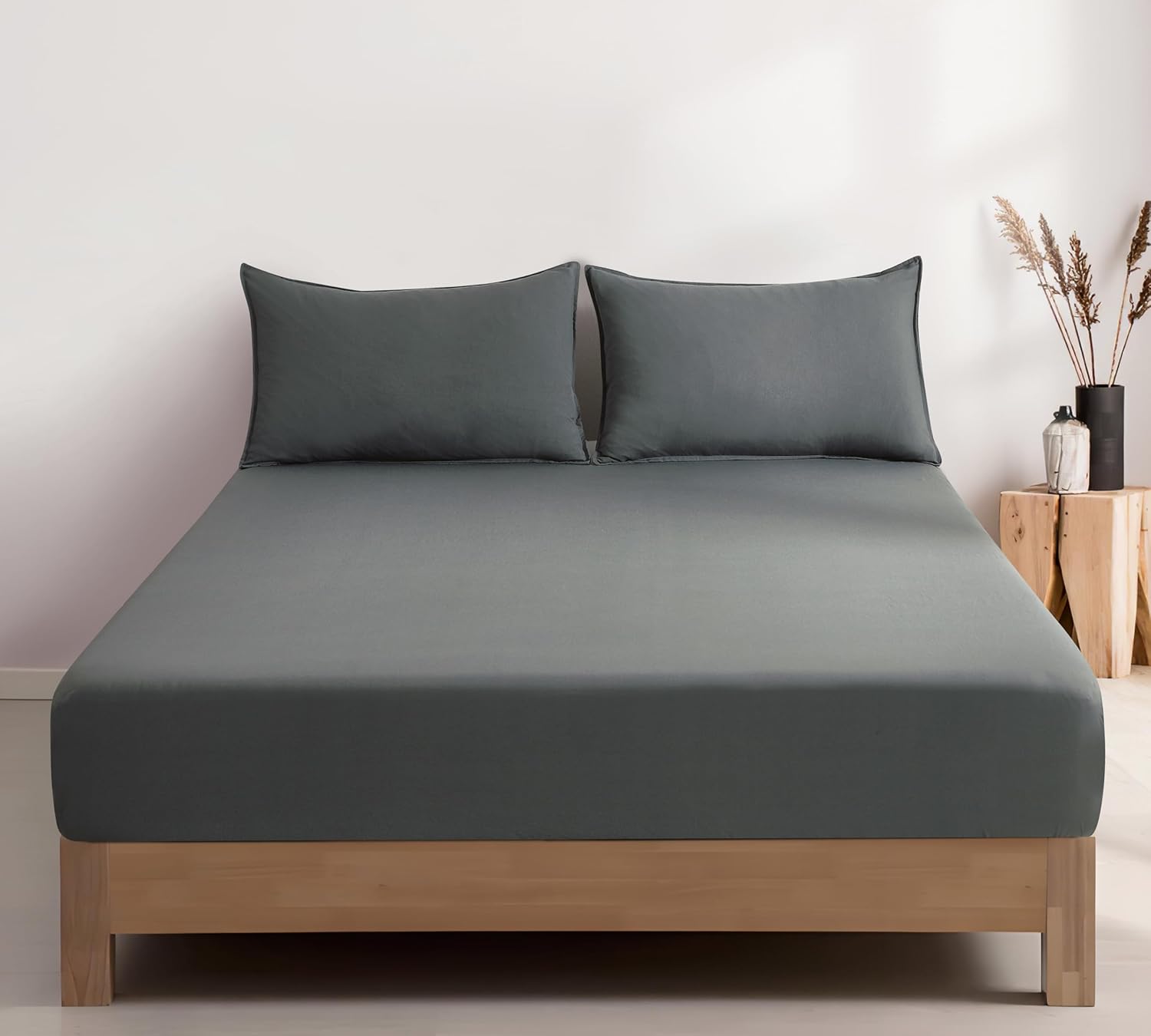 100% Vintage Washed Microfibre Fitted Sheet Set – Ultra Soft & Lightweight All-Season Fitted Sheet with 1 Pillowcase (Grey, King Single Size) 3