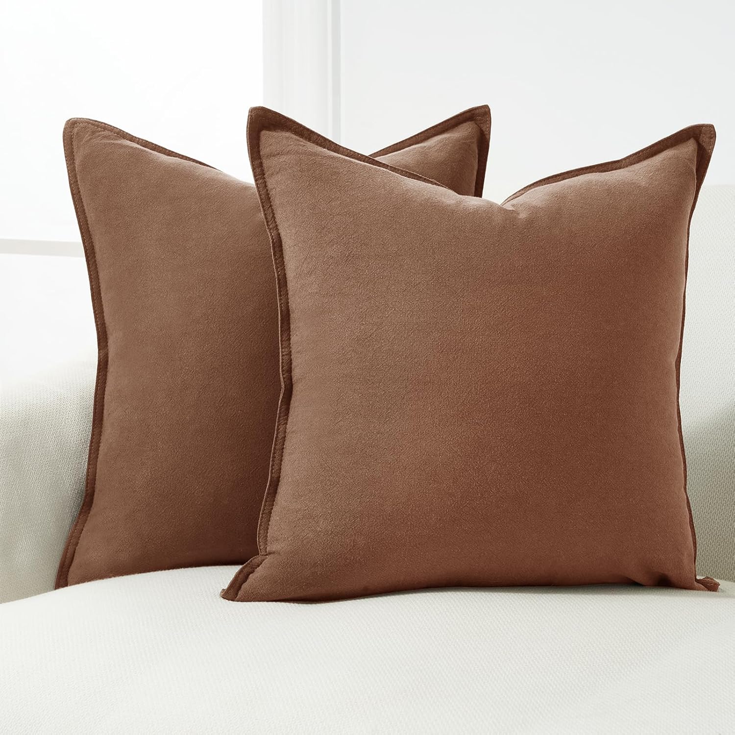 Linen Cushion Covers - 30% Linen 70% Cotton Blend, Soft & Breathable with Hidden Zipper Design - Cocoa Brown, 45cm x 45cm (Twin Pack) 3