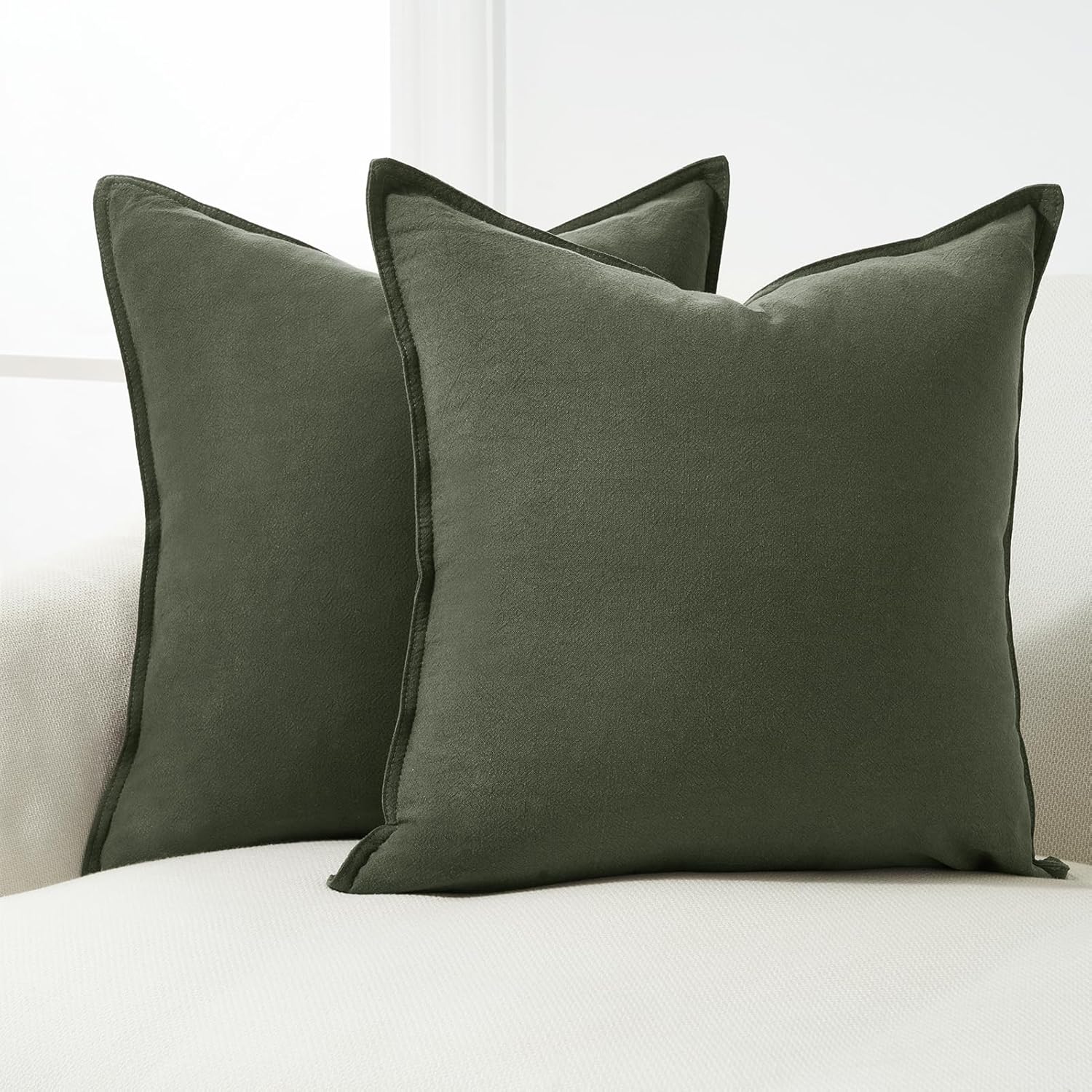 Linen Cushion Covers - 30% Linen 70% Cotton Blend, Soft & Breathable with Hidden Zipper Design - Khaki Green, 45cm x 45cm (Twin Pack) 3