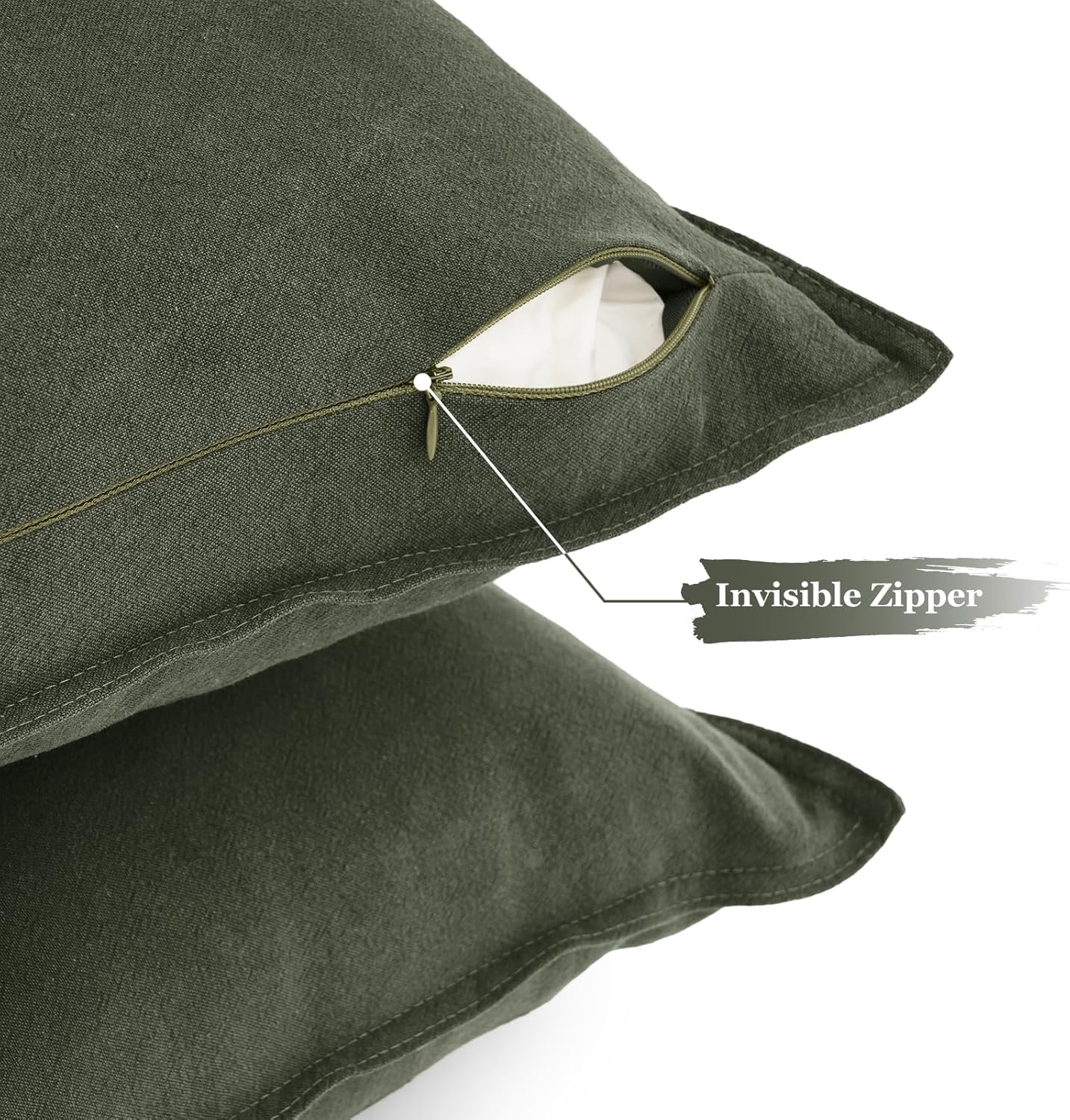 Linen Cushion Covers - 30% Linen 70% Cotton Blend, Soft & Breathable with Hidden Zipper Design - Khaki Green, 45cm x 45cm (Twin Pack) 5