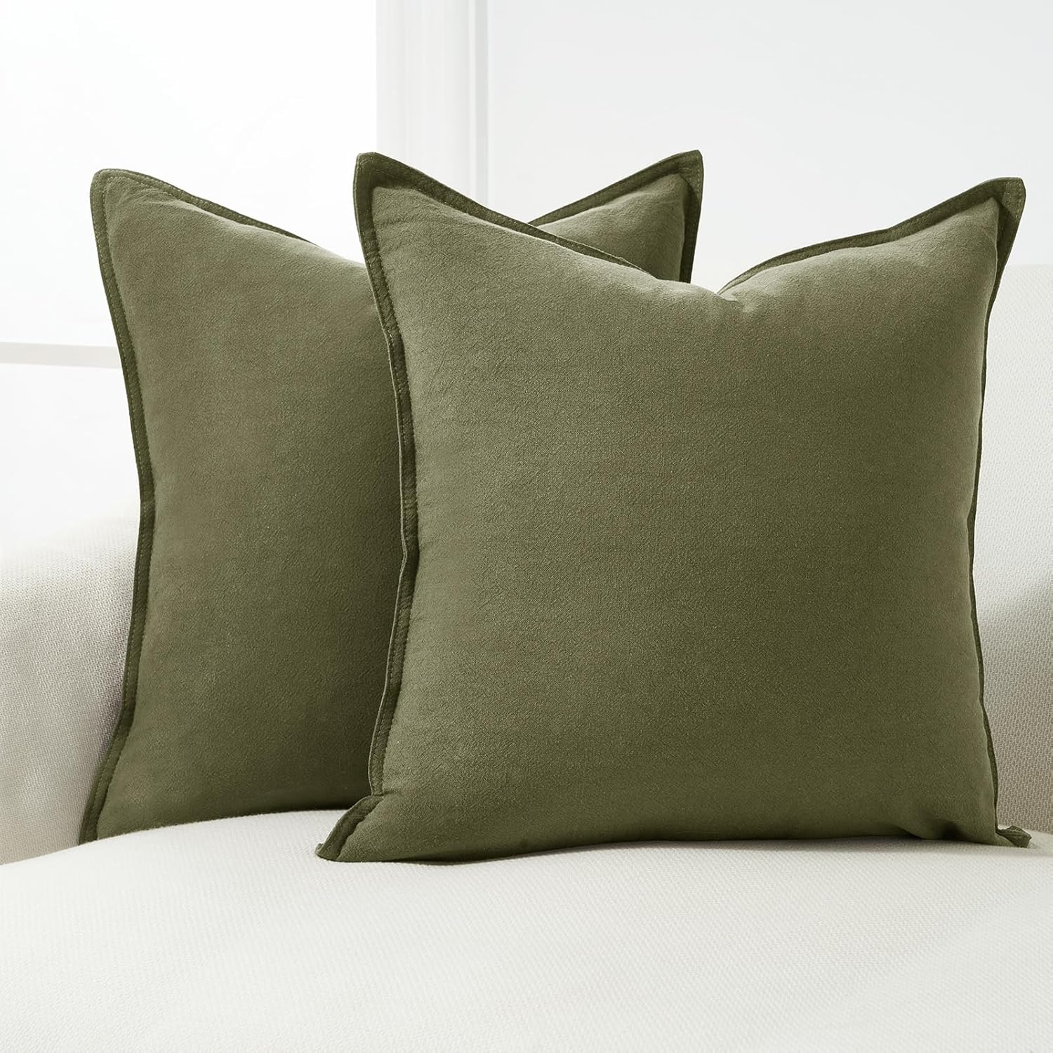 Linen Cushion Covers - 30% Linen 70% Cotton Blend, Soft & Breathable with Hidden Zipper Design - Olive Green, 45cm x 45cm (Twin Pack)