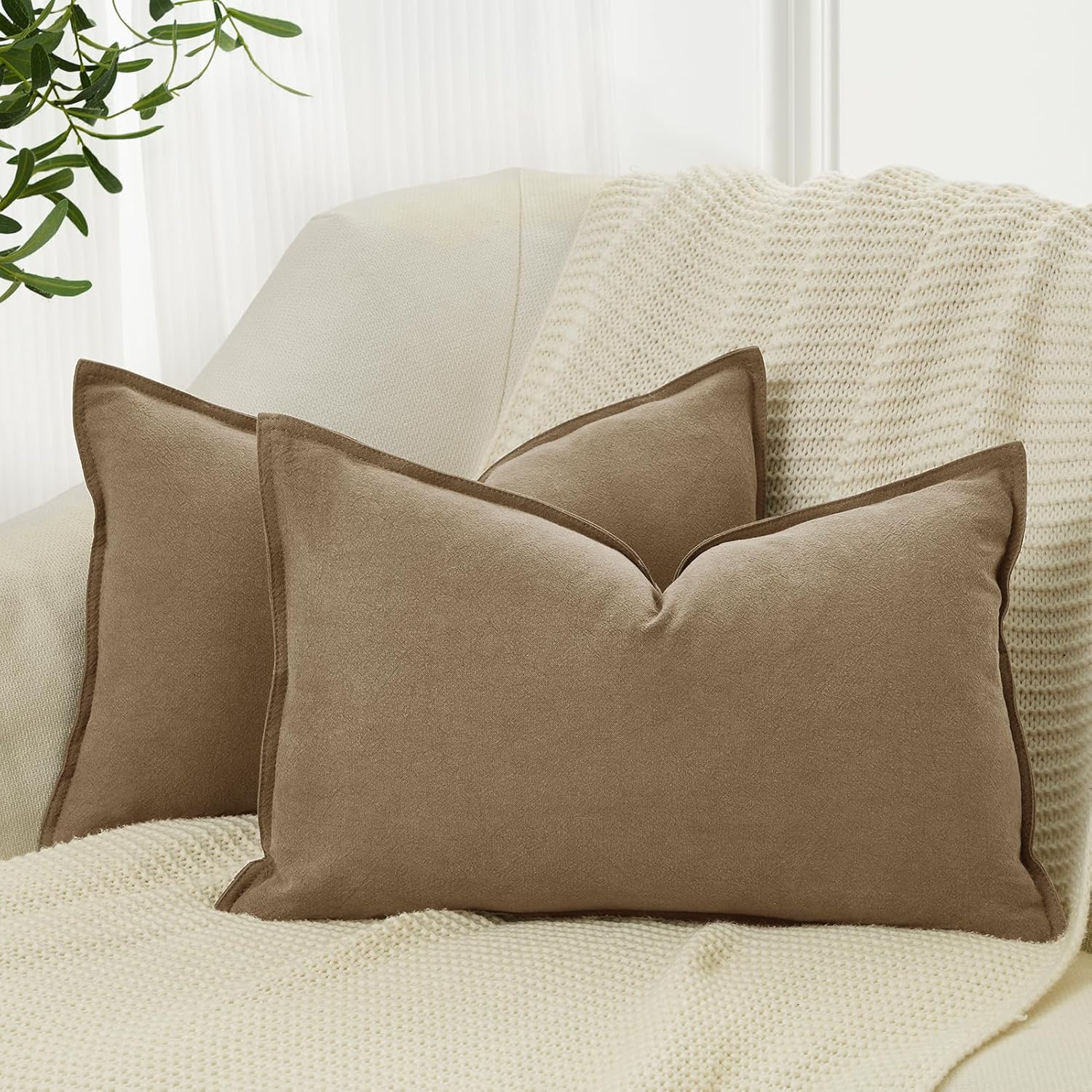 Linen Cushion Covers - 30% Linen 70% Cotton Blend, Soft & Breathable with Hidden Zipper Design - Tan, 30cm x 50cm (Twin Pack)