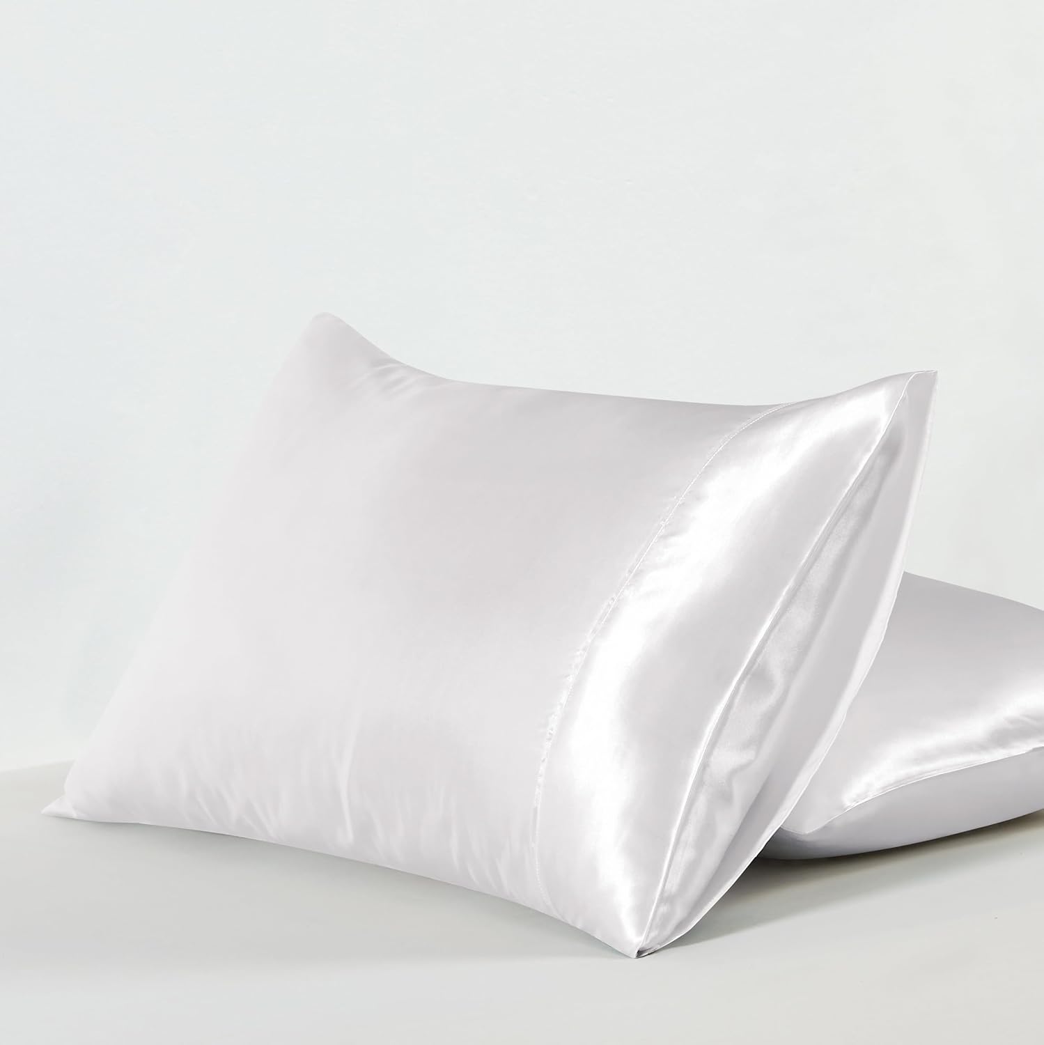 Satin Pillowcases - Silky Soft Polyester Satin with Zipper Closure - White, 48cm x 73cm (Twin Pack)