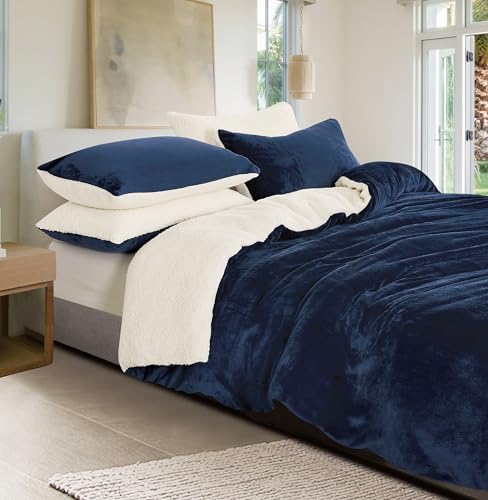 2-in-1 Teddy Sherpa Quilt Cover Set (Navy Blue, Super King)