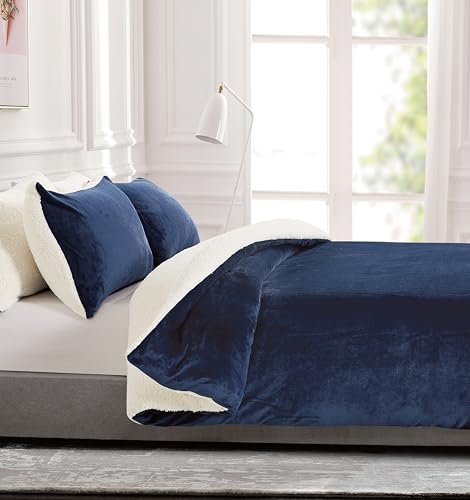2-in-1 Teddy Sherpa Quilt Cover Set (Navy Blue, Super King) 8
