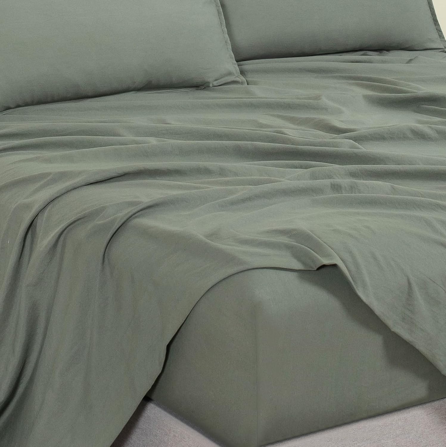 Vintage Washed Microfibre Sheet Set with 2 Pillowcases - Khaki Green - Super King 5