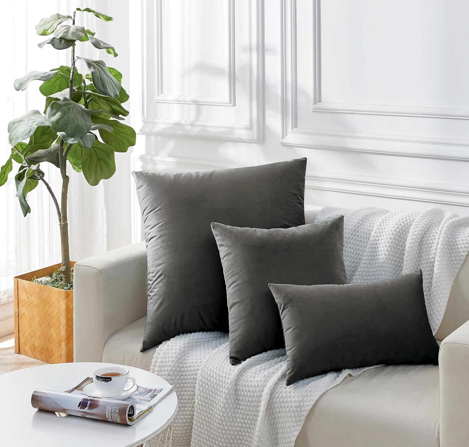 Twin-Pack Velvet Cushion Covers - Soft Microfibre Cushion Covers with Hidden Zipper (Dark Grey, 45cm*45cm) 4