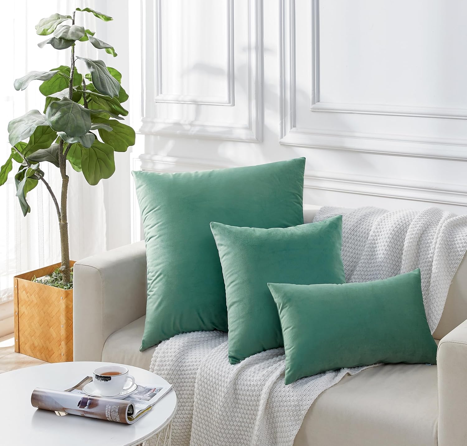 Twin-Pack Velvet Cushion Covers - Soft Microfibre Cushion Covers with Hidden Zipper (Sage, 45cm*45cm) 4