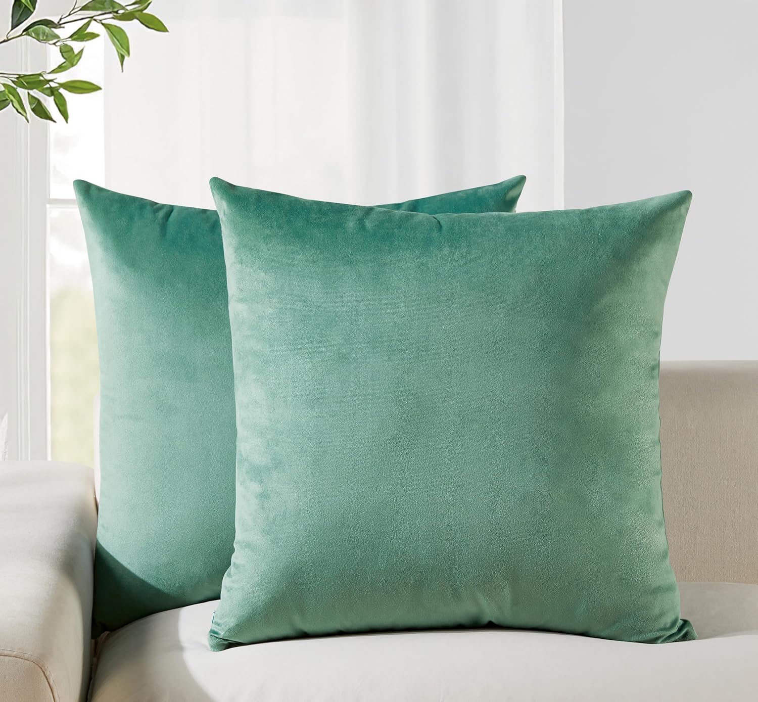 Twin-Pack Velvet Cushion Covers - Soft Microfibre Cushion Covers with Hidden Zipper (Sage, 65cm*65cm)