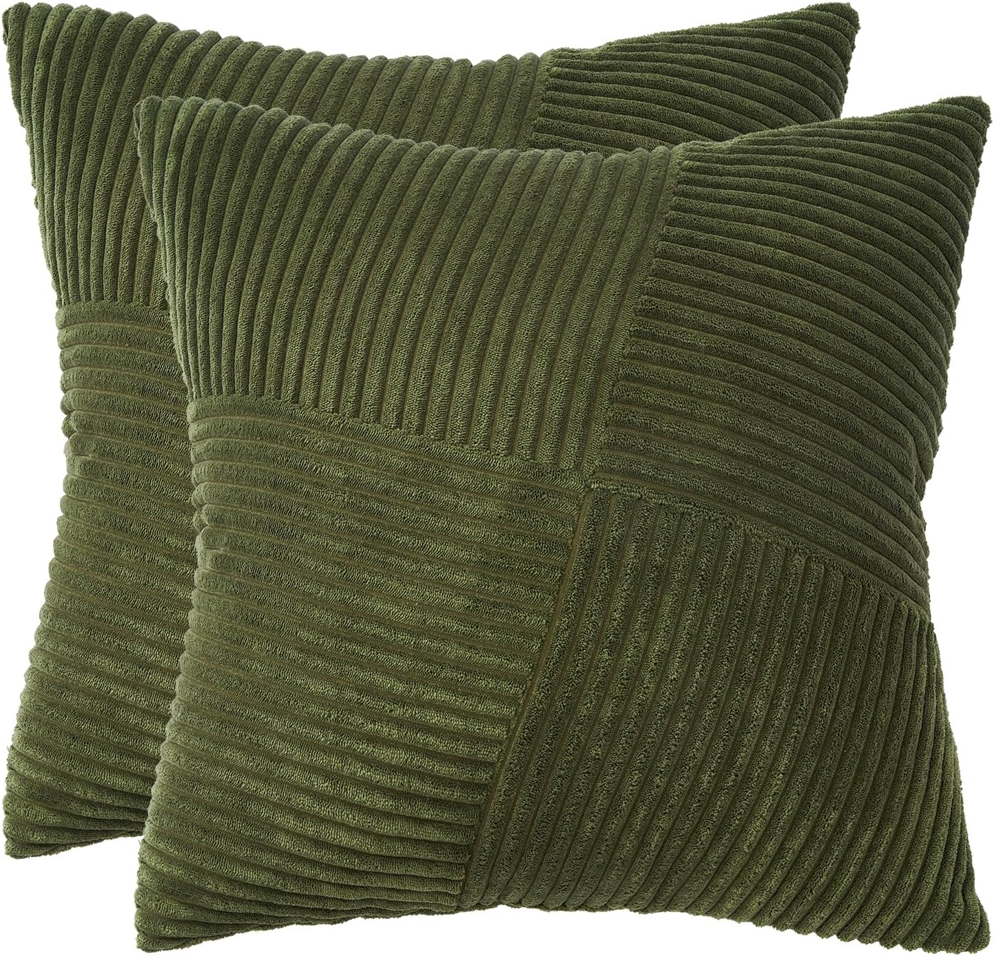 Corduroy Cushion Covers - Soft Velvet Fabric with Windmill-Inspired Pattern and Hidden Zipper Design - Olive Green, 45cm x 45cm (Twin Pack)
