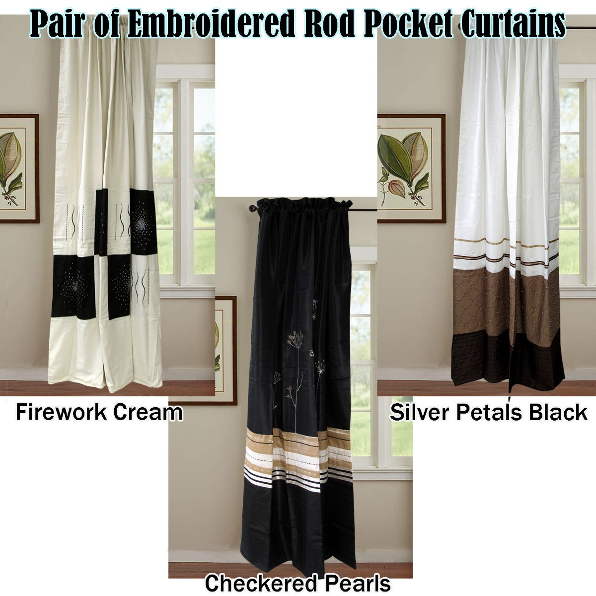 Pair of Embroidered Rod Pocket Curtains 150 x 213cm each Silver Petals 3