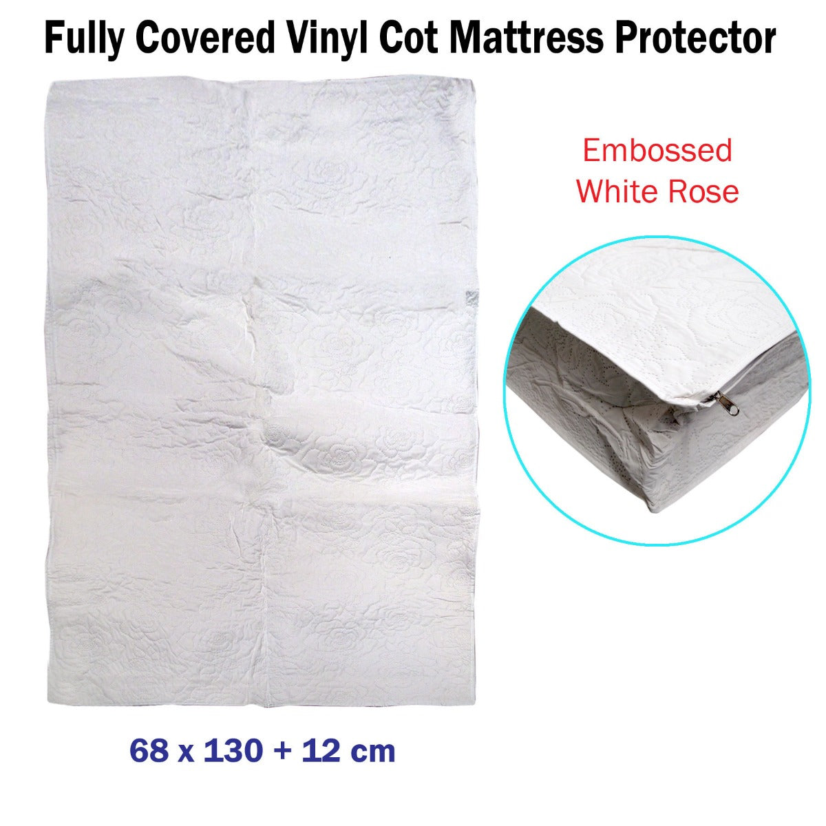 Fully Covered Vinyl Cot Mattress Protector Embossed Rose White 68 x 130 + 12 cm 2
