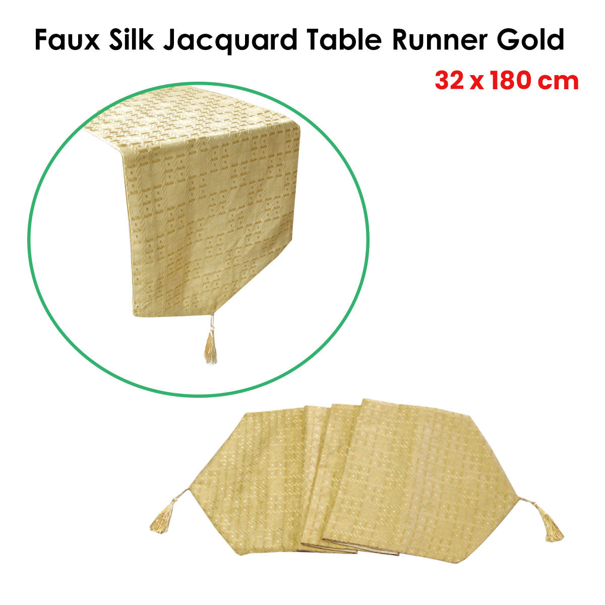 Faux Silk Jacquard Table Runner Gold 32 x 180 cm 3