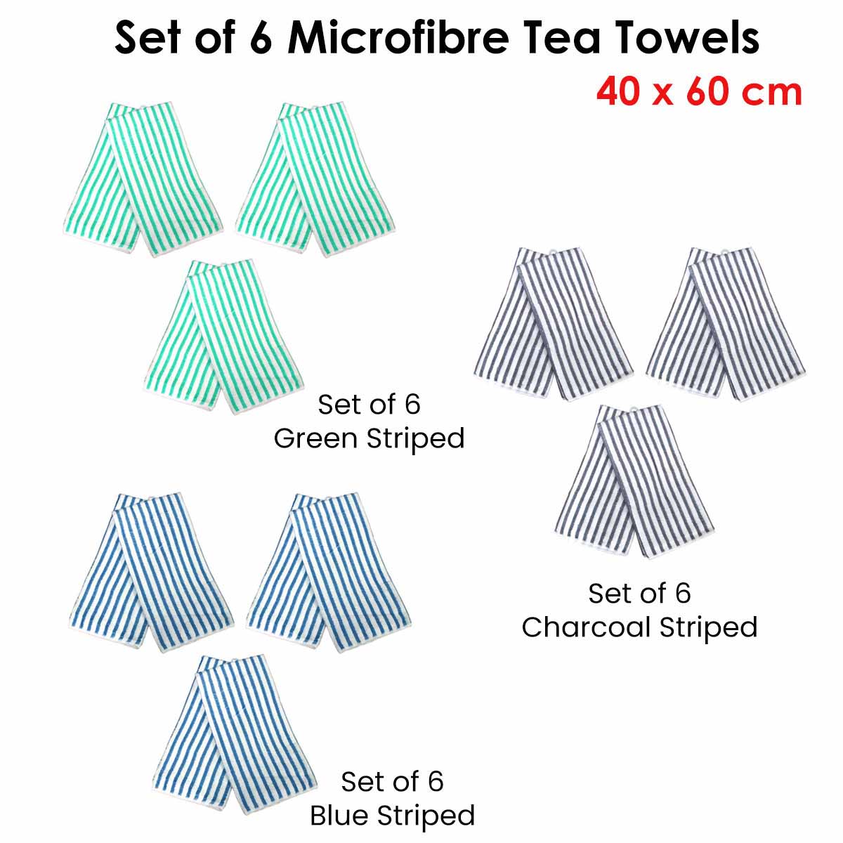 Set of 6 Microfibre Striped Tea Towels Green