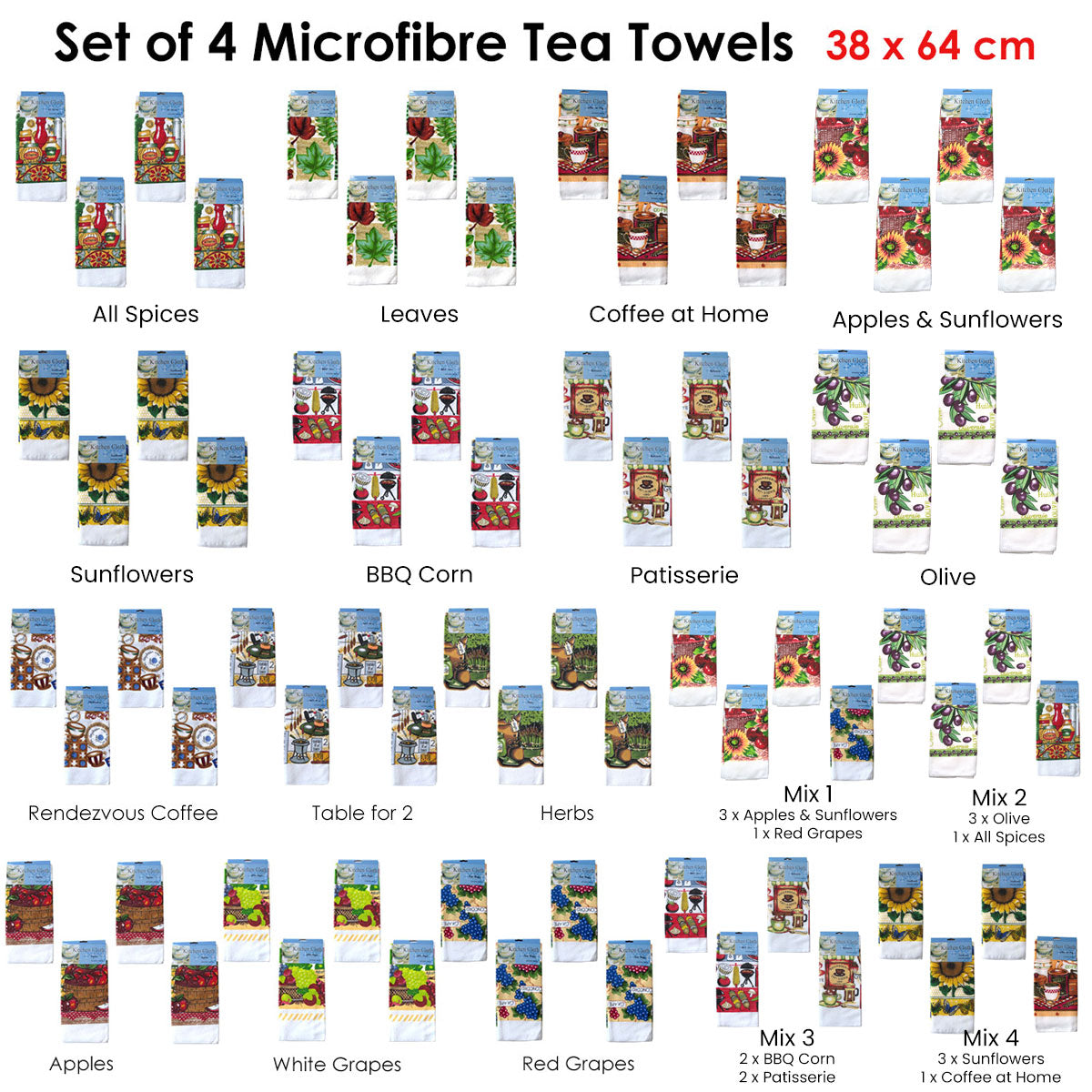 Set of 4 Microfibre Printed Tea Towels Coffee at Home