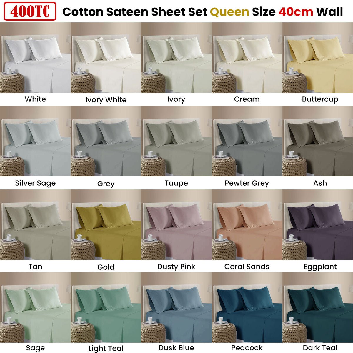 400TC 100% Cotton Sateen Premium Sheet Set 40cm Wall Dusk Blue Queen