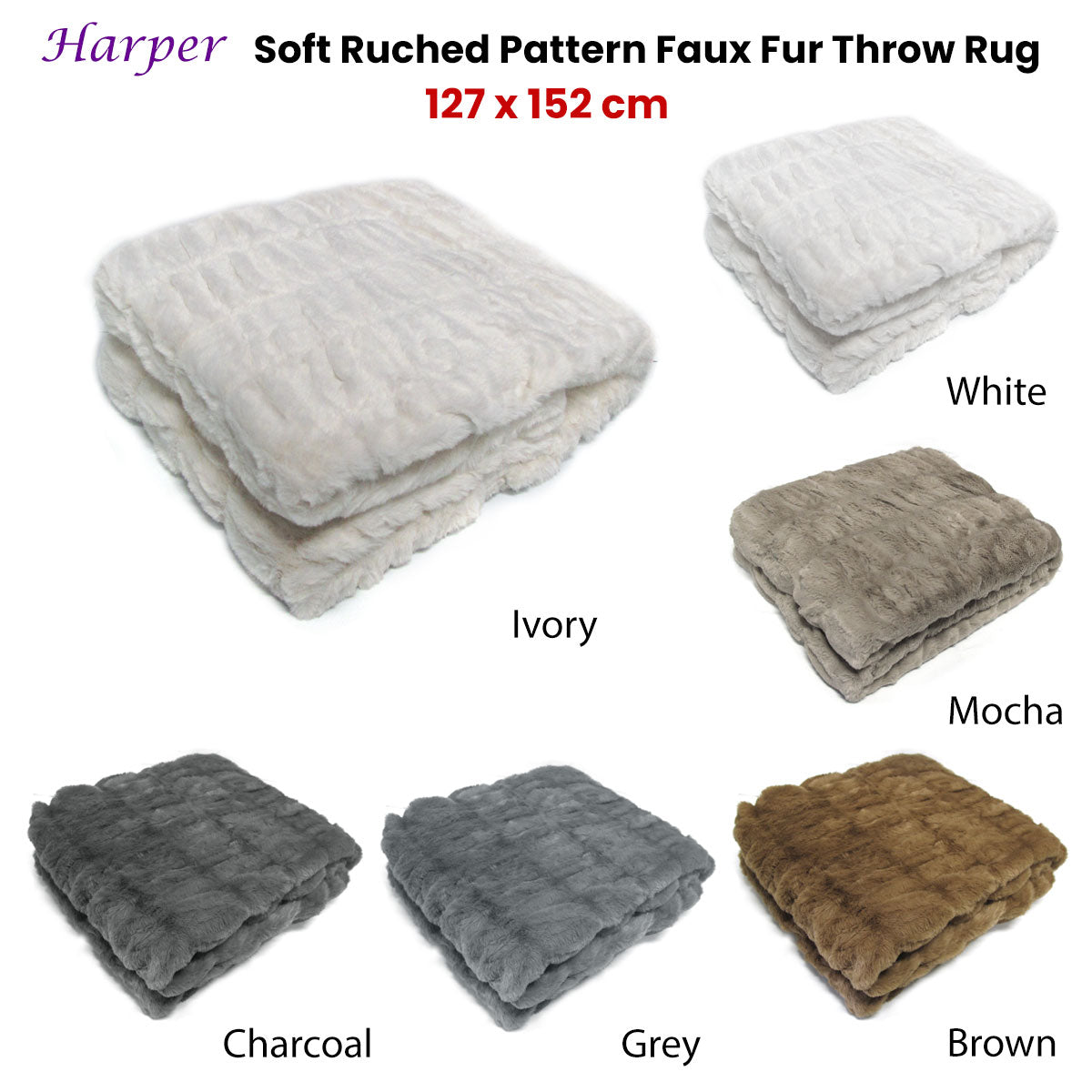 Harper Soft Ruched Pattern Faux Fur Throw Rug 127 x 152 cm White