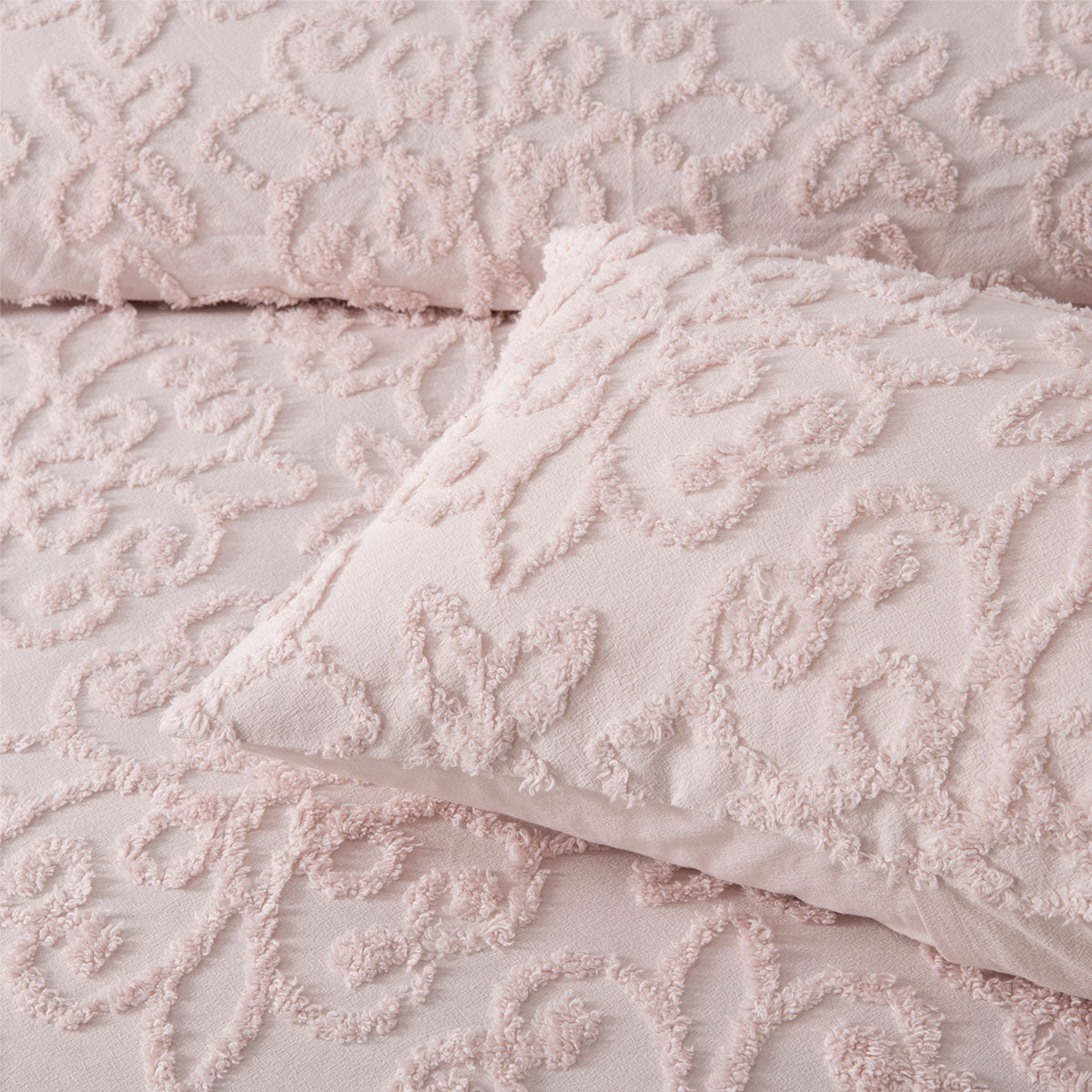 Bianca Ella Blush Cotton Chenille Floral Bedspread Set Queen 5