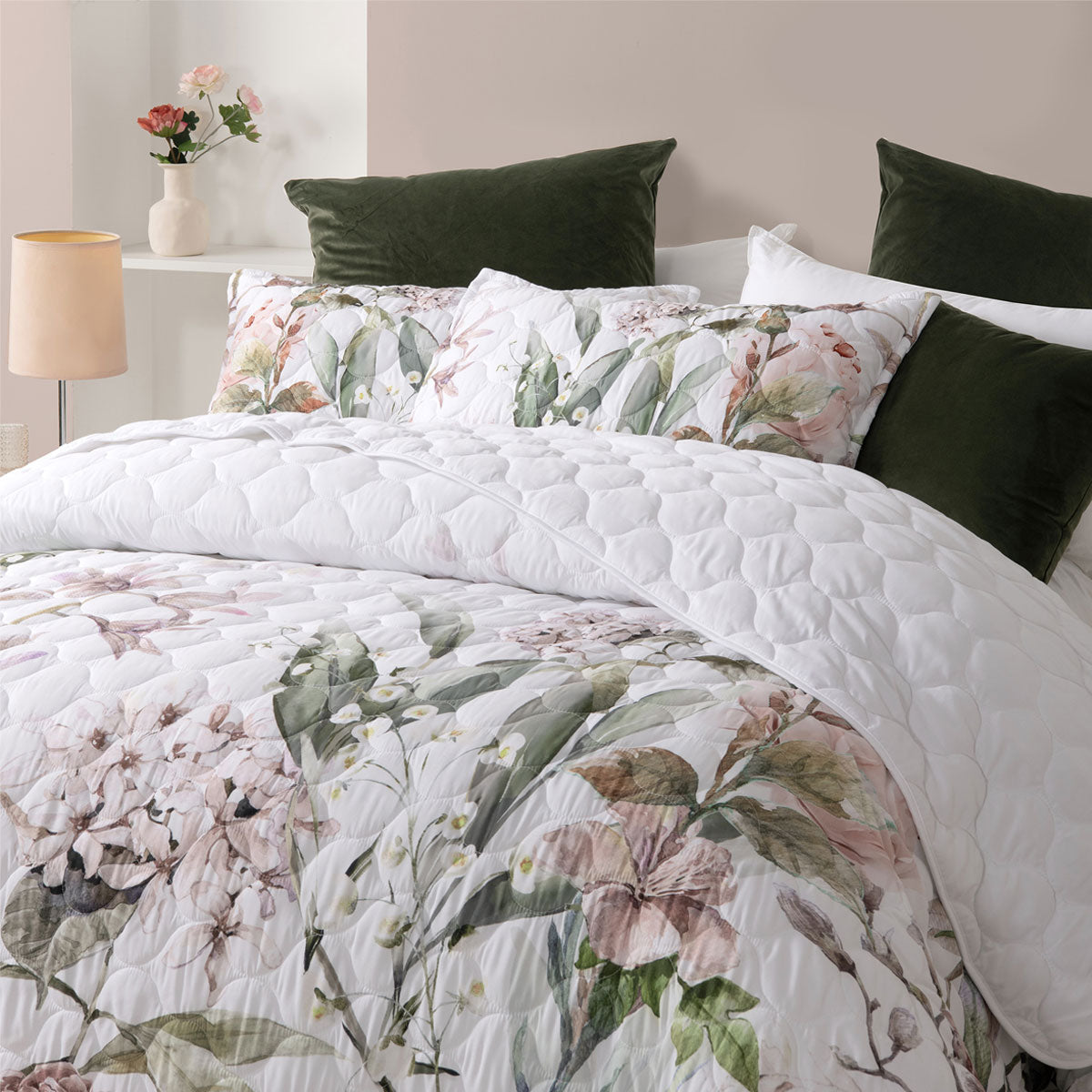 Bianca Lorna White Floral Printed Quilted Bedspread Set Queen 3