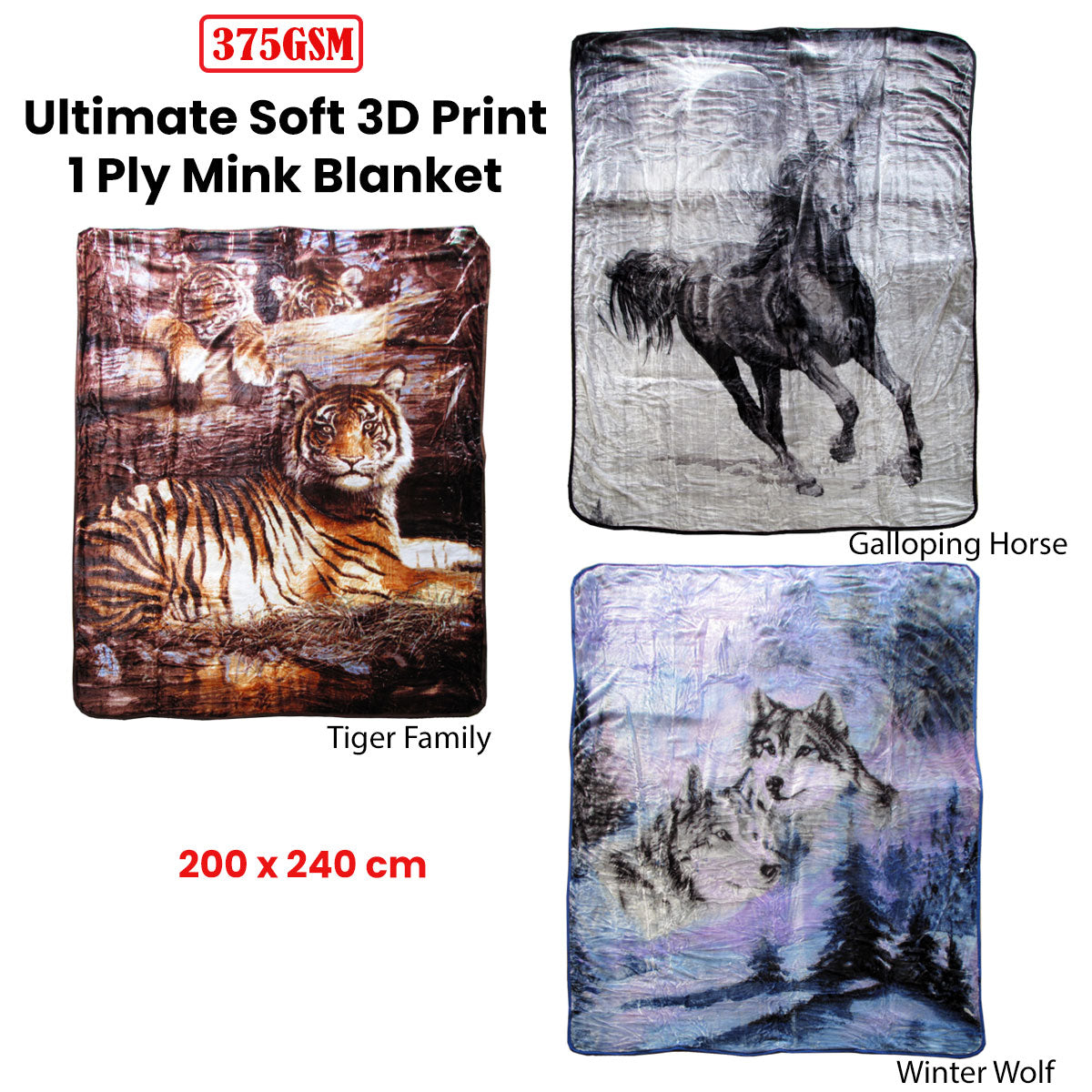 375gsm 1 Ply 3D Print Faux Mink Blanket Queen 200x240 cm Galloping Horse 3