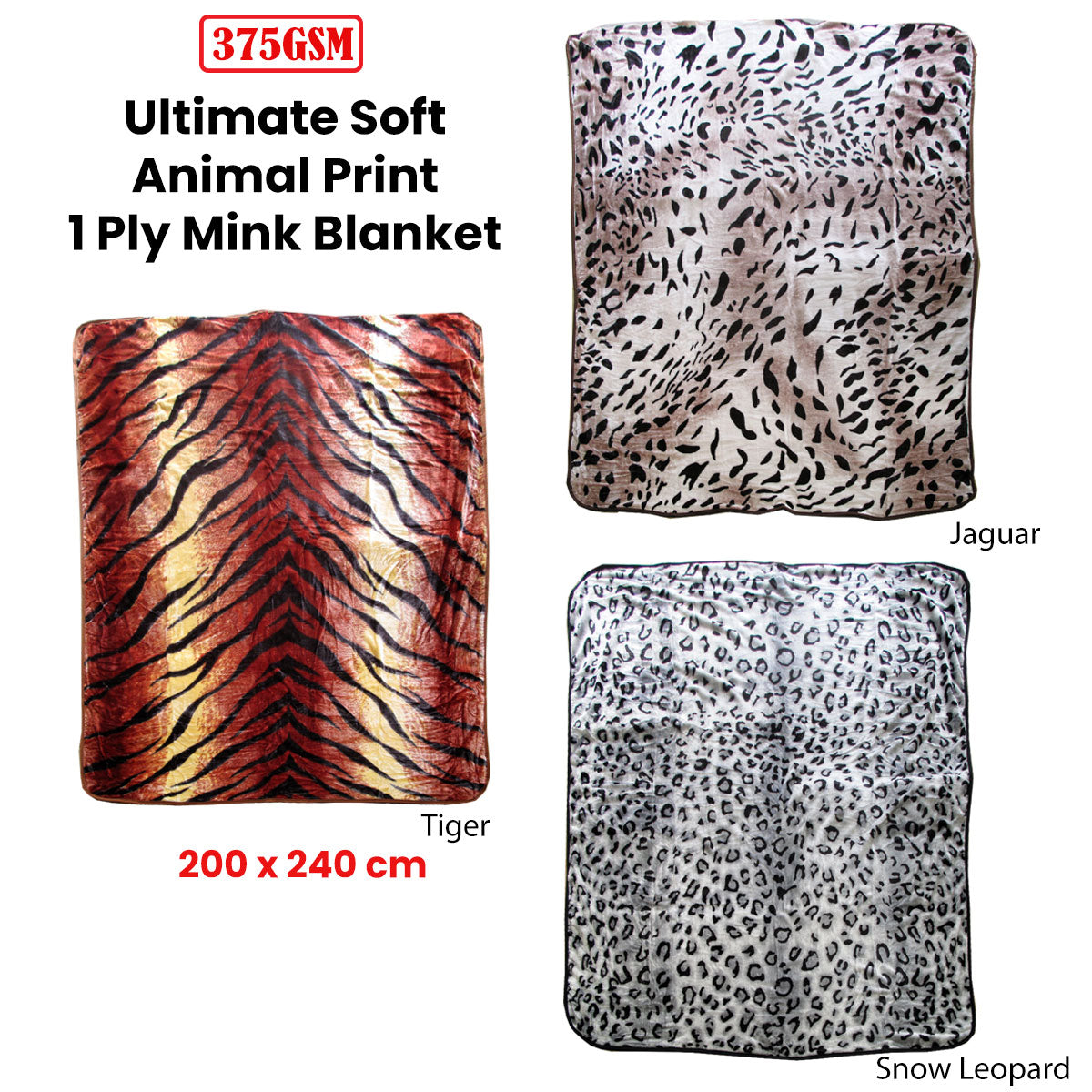 375gsm 1 Ply Animal Print Faux Mink Blanket Queen 200x240 cm Snow Leopard 3