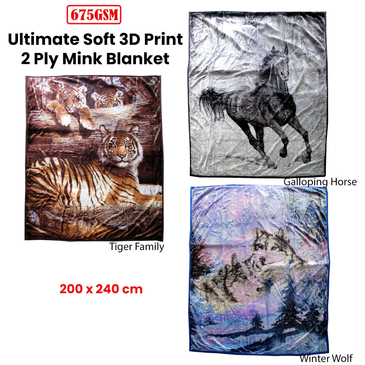 675gsm 2 Ply 3D Print Faux Mink Blanket Queen 200x240 cm Tiger Family 3