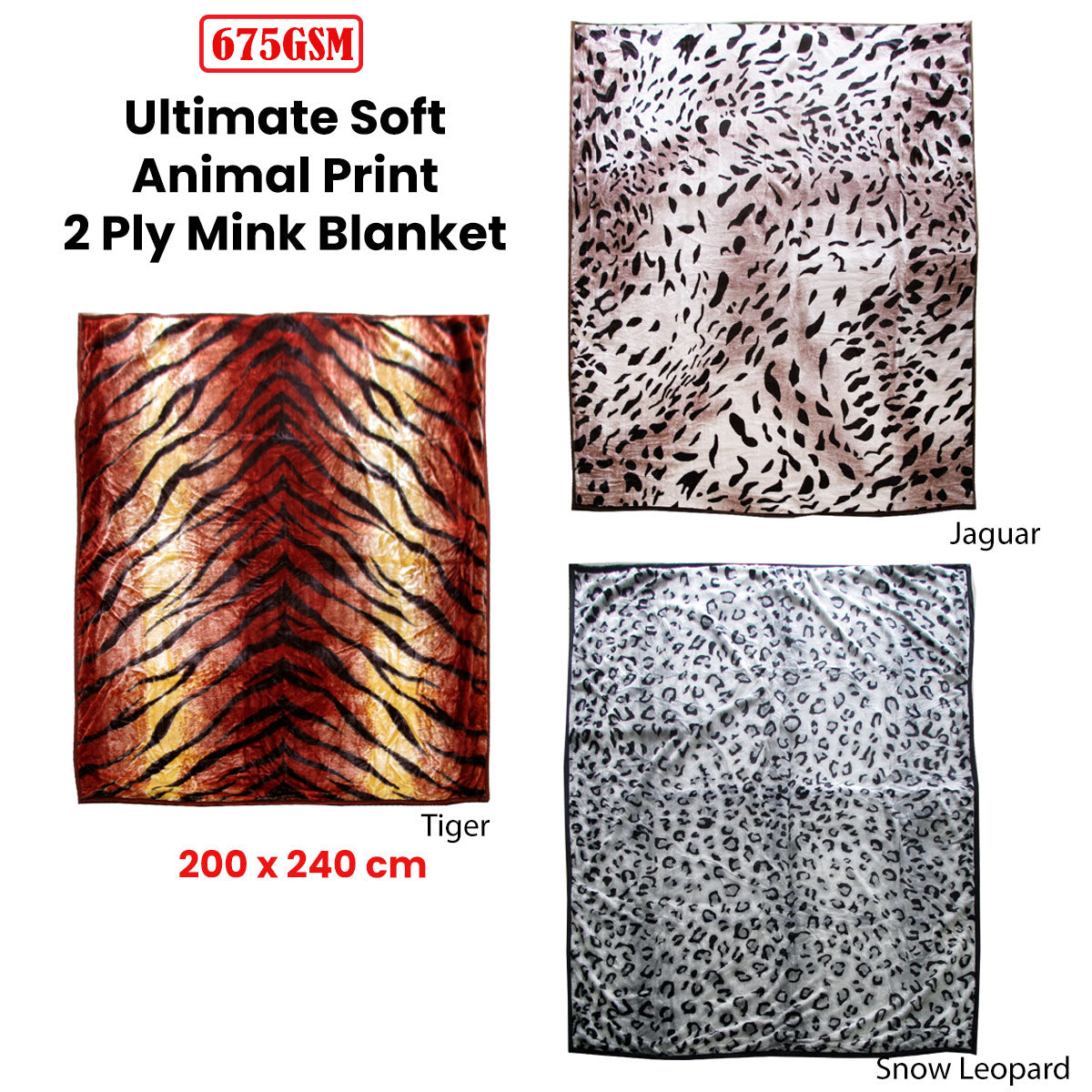 675gsm 2 Ply Animal Print Faux Mink Blanket Queen 200x240 cm Snow Leopard 3