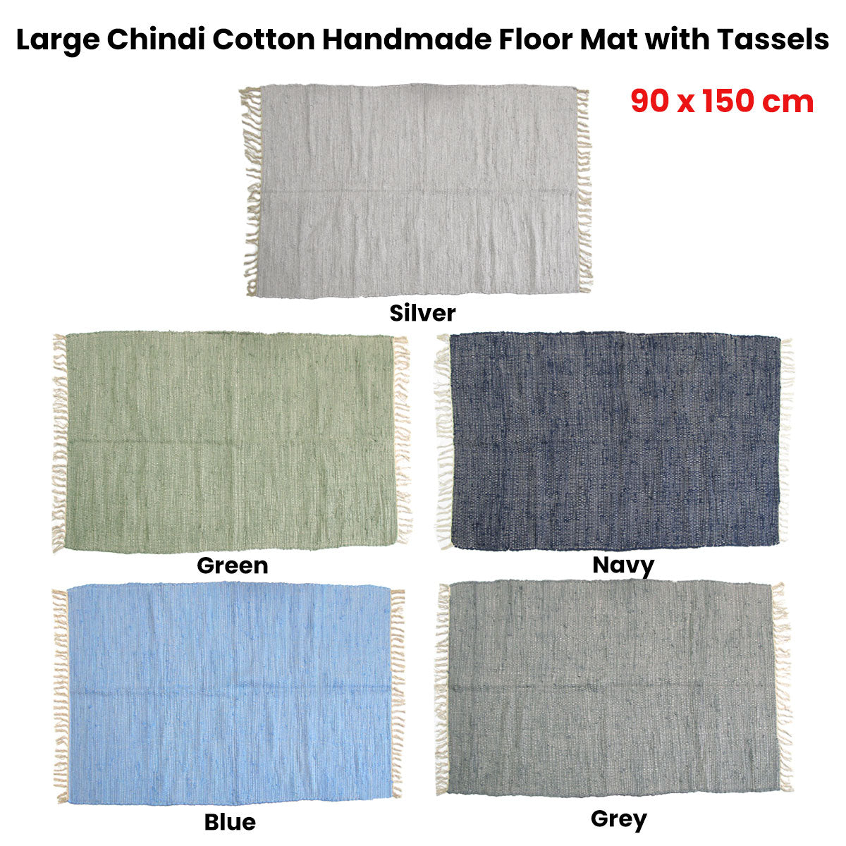 Large Chindi Cotton Handmade Floor Mat with Tassels 90 x 150 cm Blue 3