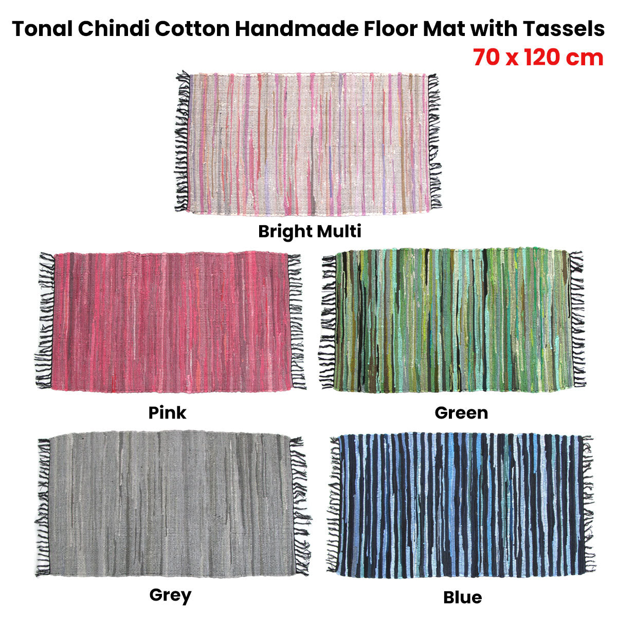 Tonal Chindi Cotton Handmade Floor Mat with Tassels 70 x 120 cm Grey 3