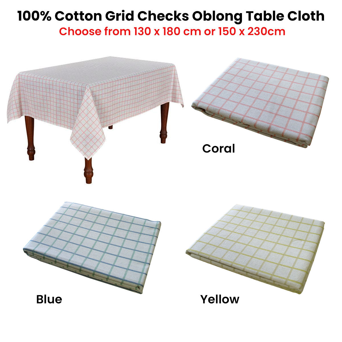 Cotton Grid Checks Oblong Table Cloth Yellow 150 x 230cm 3