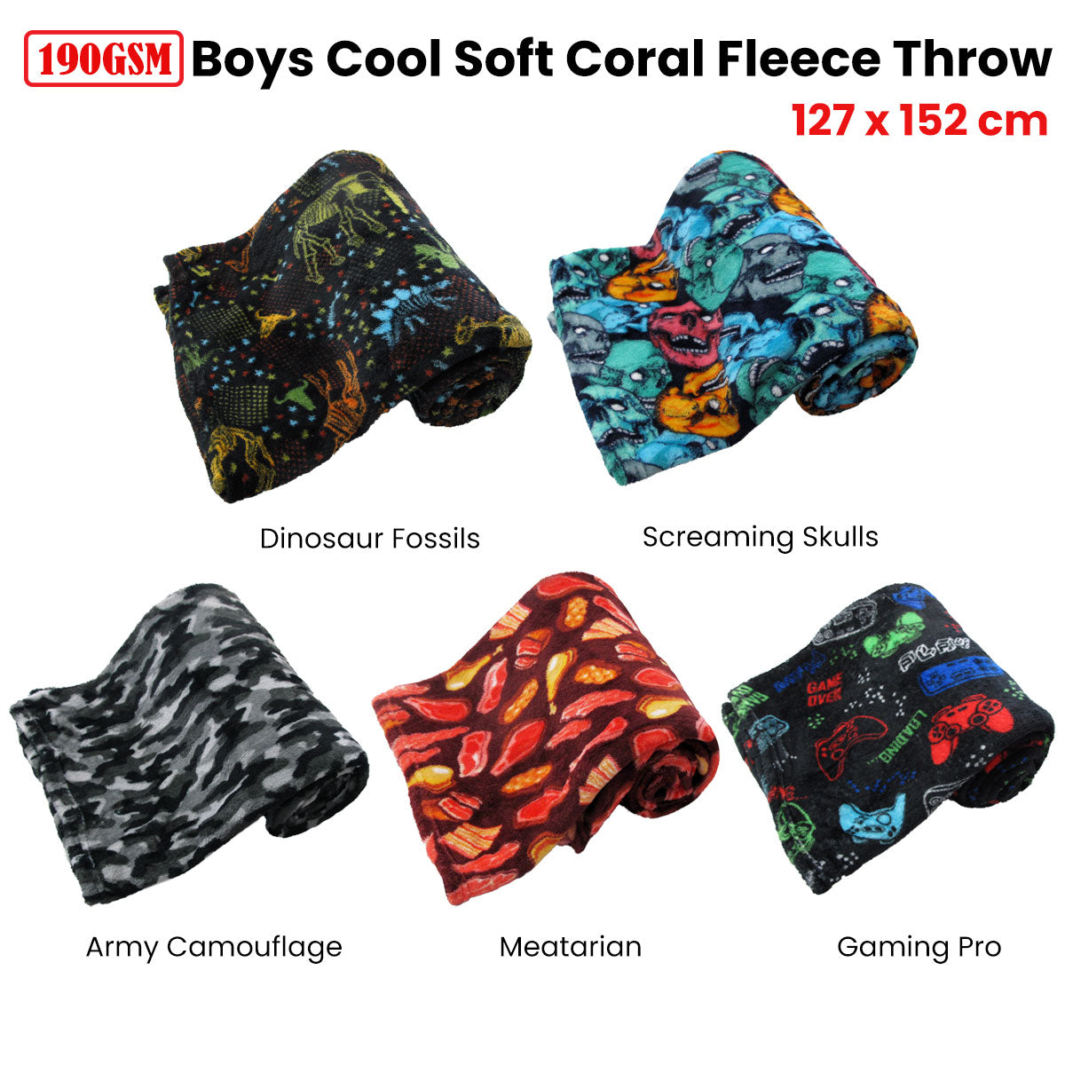 190GSM Boys Cool Ultra Soft Coral Fleece Throw 127 x 152cm Dinosaur Fossils 3