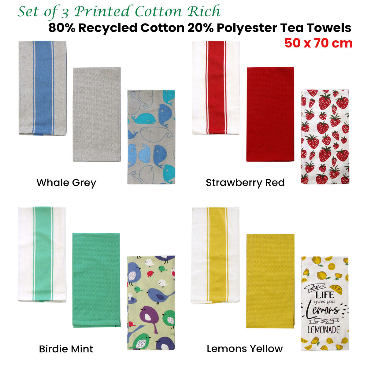 Home Oasis Set of 3 Printed Cotton Rich Tea Towels 50 x 70 cm Strawberry Red 4