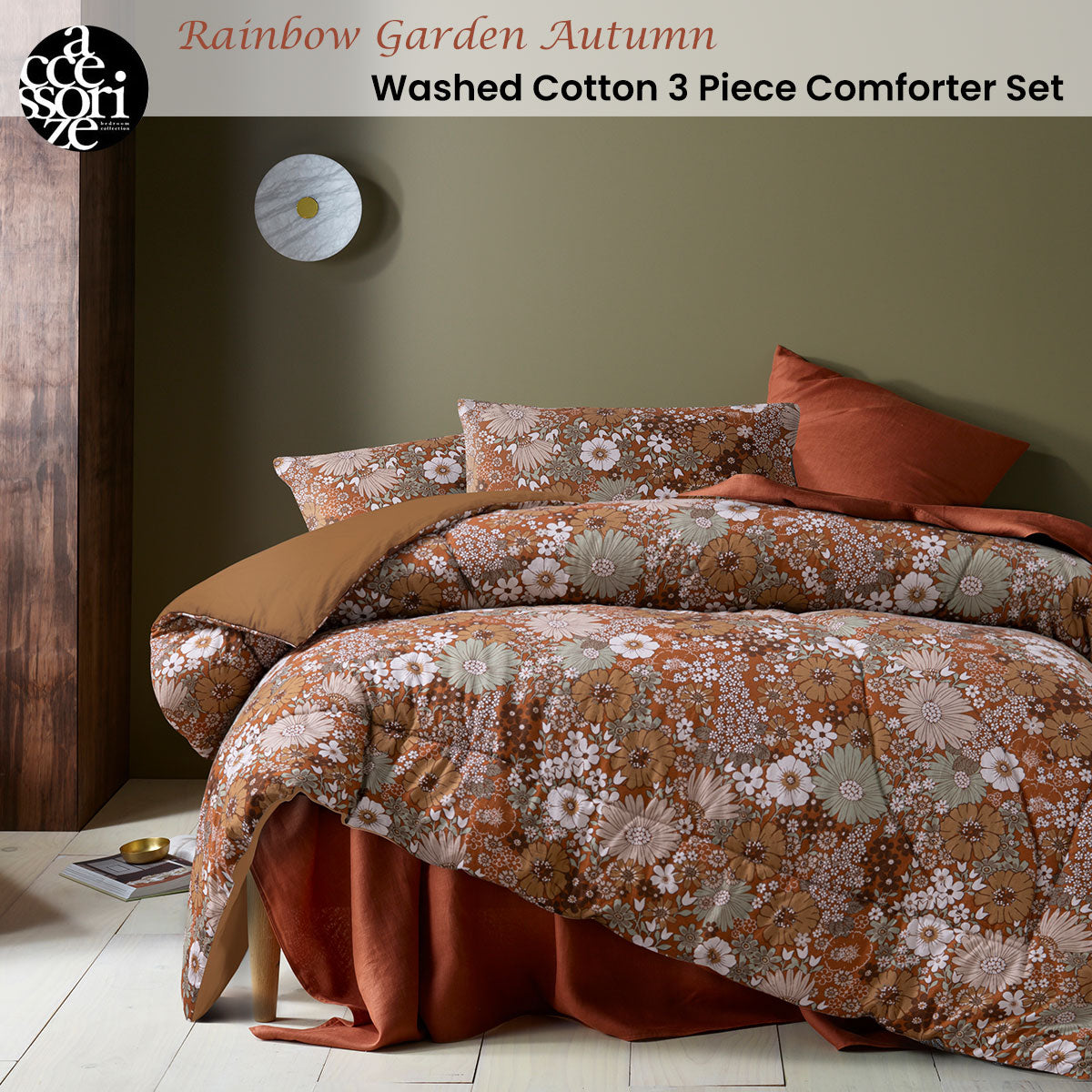 Accessorize 3 Pcs Rainbow Garden Autumn Washed Cotton Comforter Set Double 2