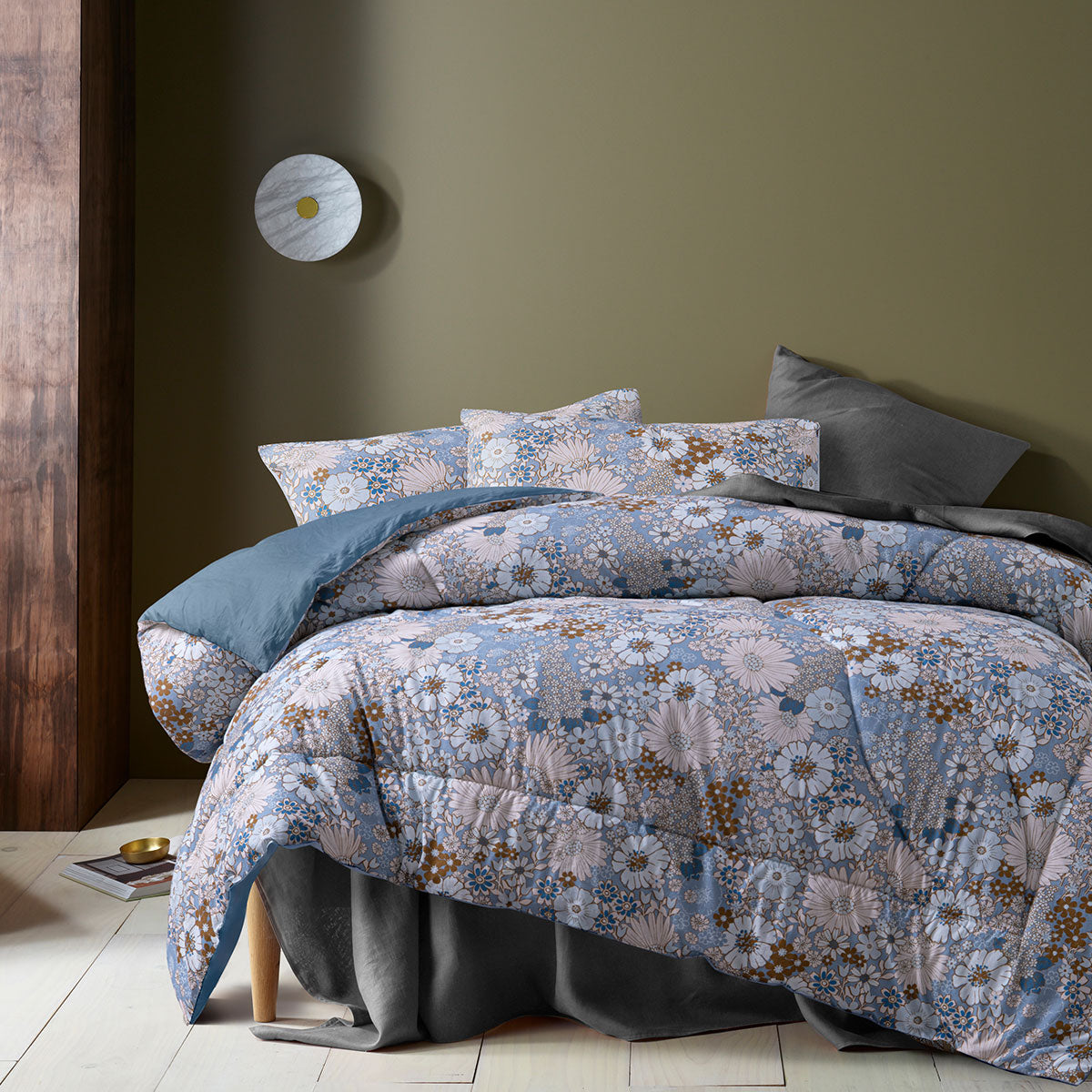 Accessorize 3 Pcs Rainbow Garden Blue Washed Cotton Comforter Set Queen 1