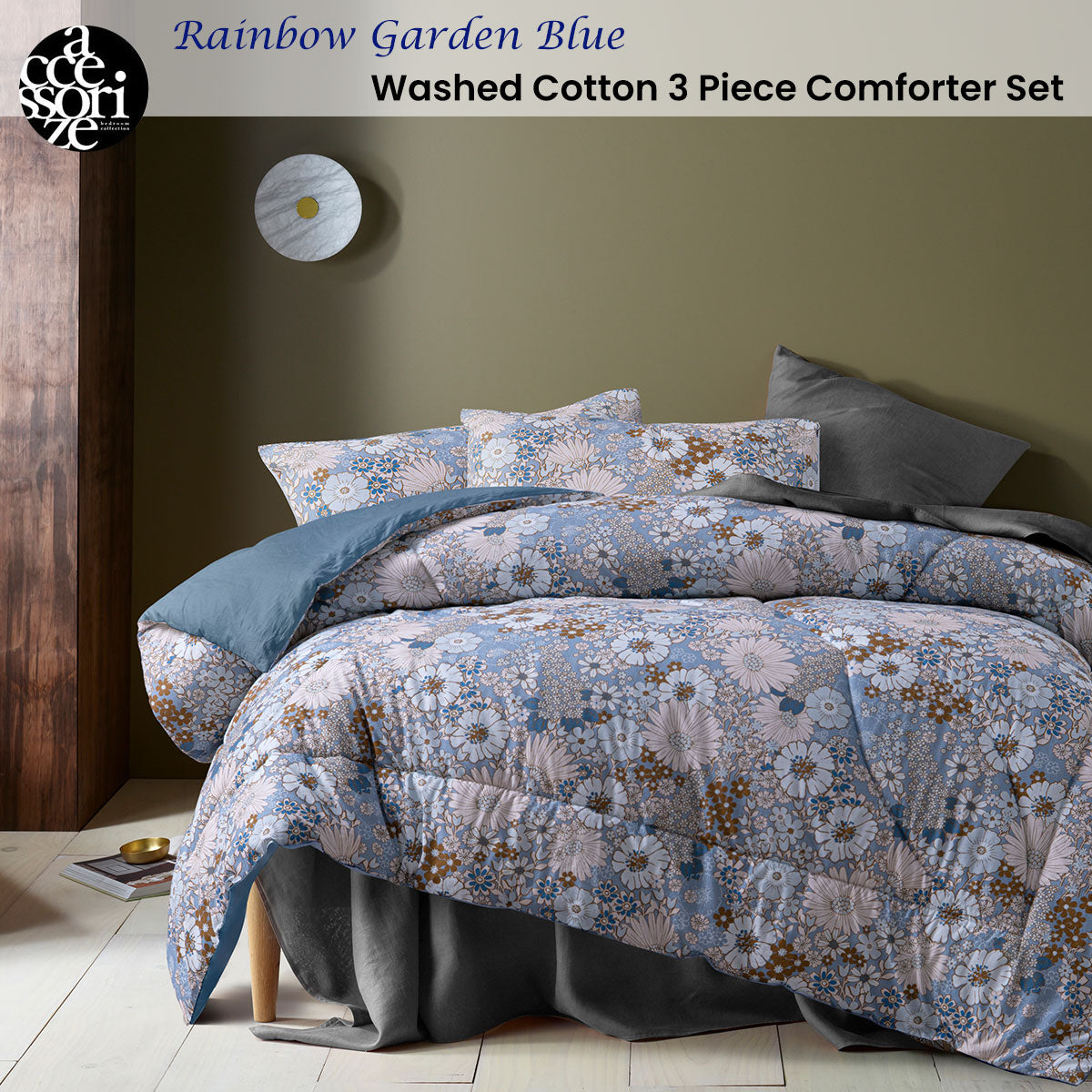 Accessorize 3 Pcs Rainbow Garden Blue Washed Cotton Comforter Set Queen 2