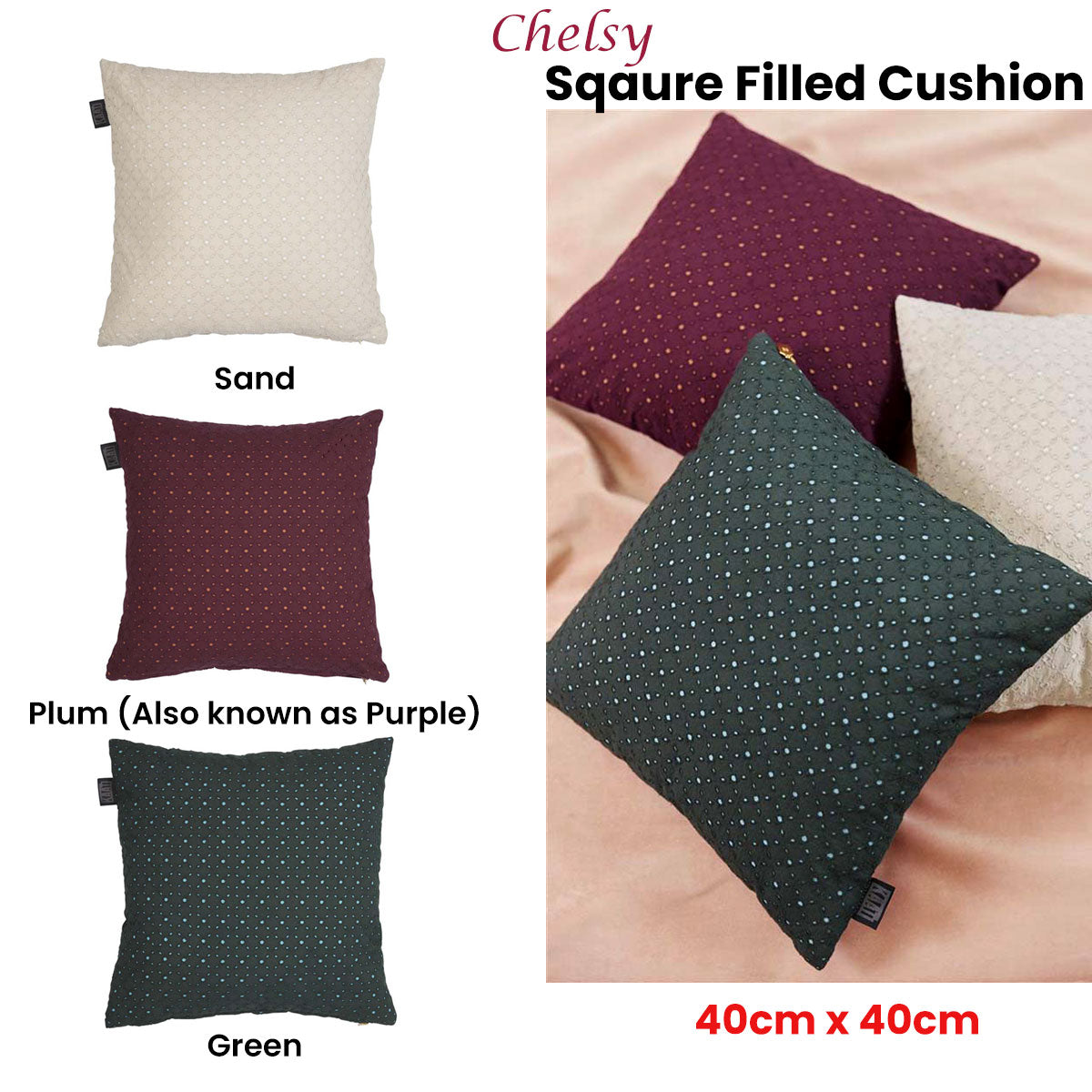 Bedding House Chelsy Green Square Filled Cushion 40cm x 40cm 3
