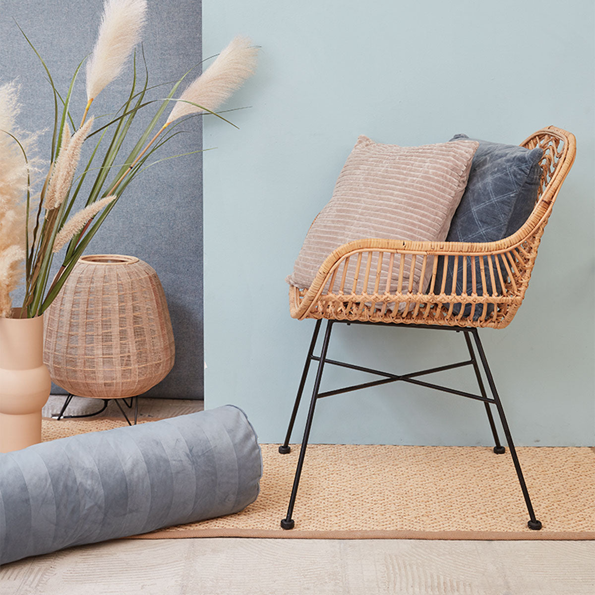 KAAT Amsterdam Softy Stripe Blue Grey Oblong Neckroll Filled Cushion 22cm x 70cm 3