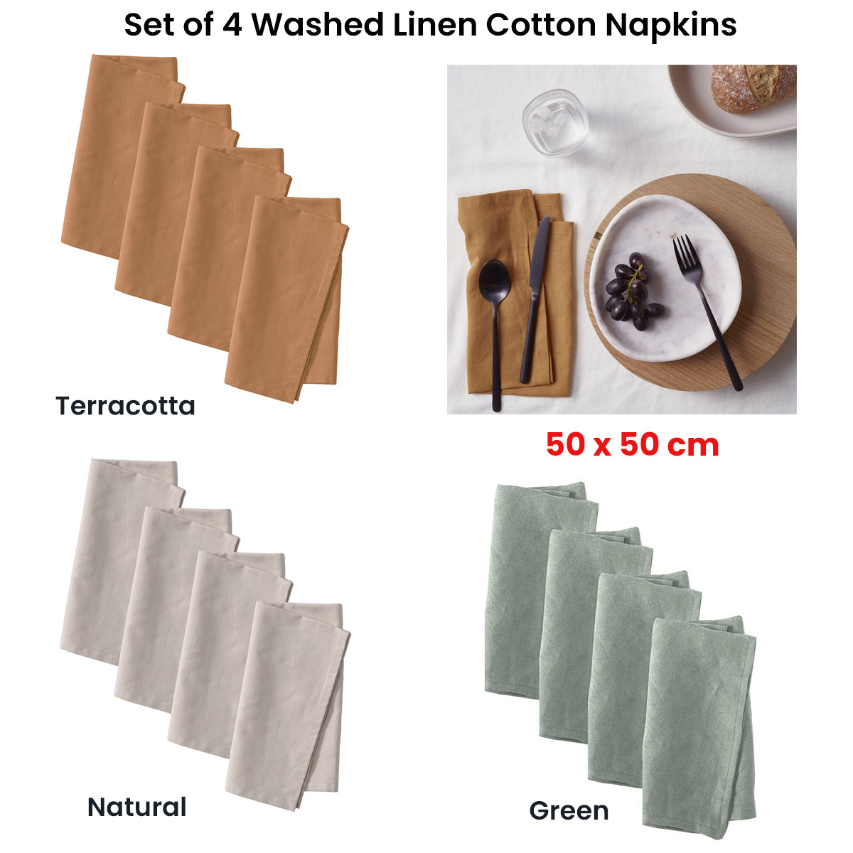 Vintage Design Homewares Set of 4 Washed Linen Cotton Square Napkins Terracotta 50cm x 50cm 3