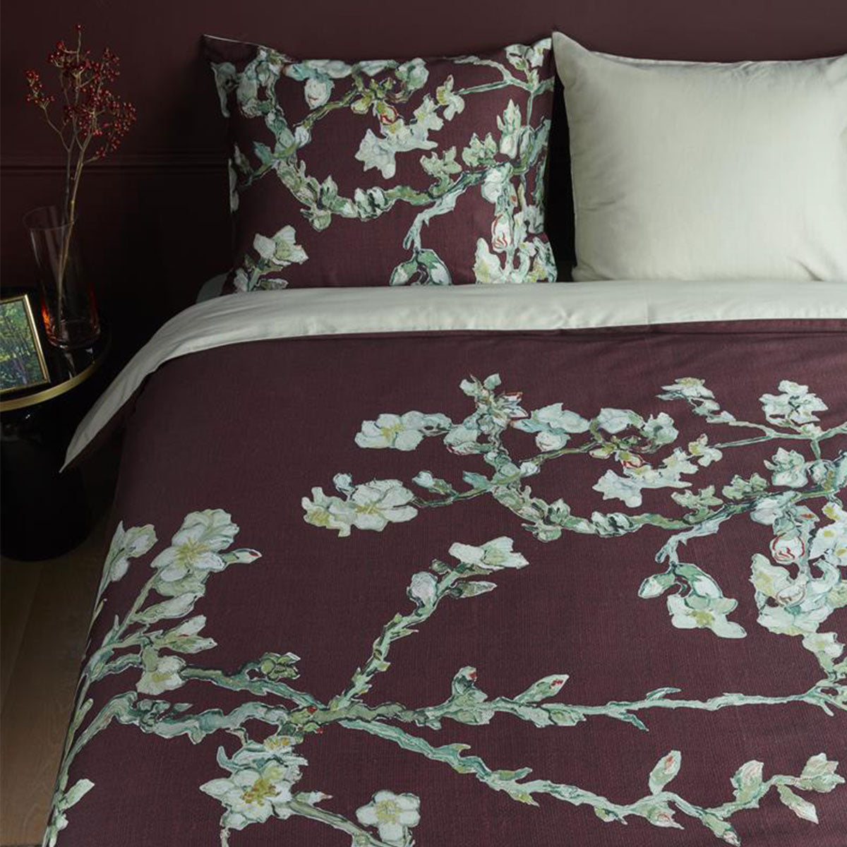 Bedding House Van Gogh Blossom Dark Red Cotton Quilt Cover Set Queen 4