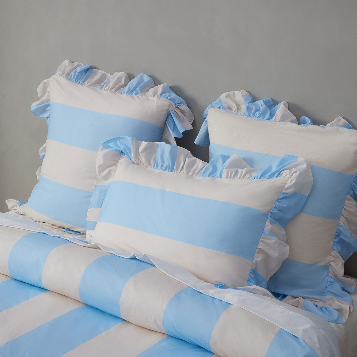 Vintage Design Homewares Candy Ruffle Blue Striped Washed Cotton Quilt Cover Set Queen 3
