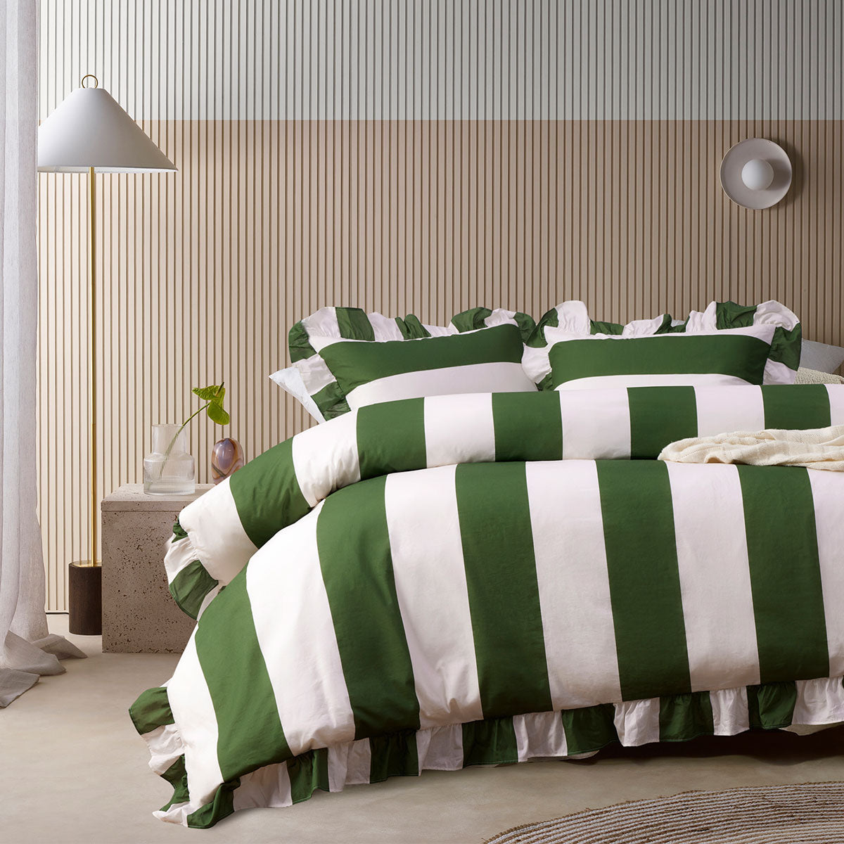 Vintage Design Homewares Candy Ruffle Green Striped Washed Cotton Quilt Cover Set Super King
