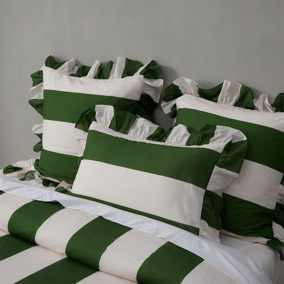 Vintage Design Homewares Candy Ruffle Green Striped Washed Cotton Quilt Cover Set Super King 3