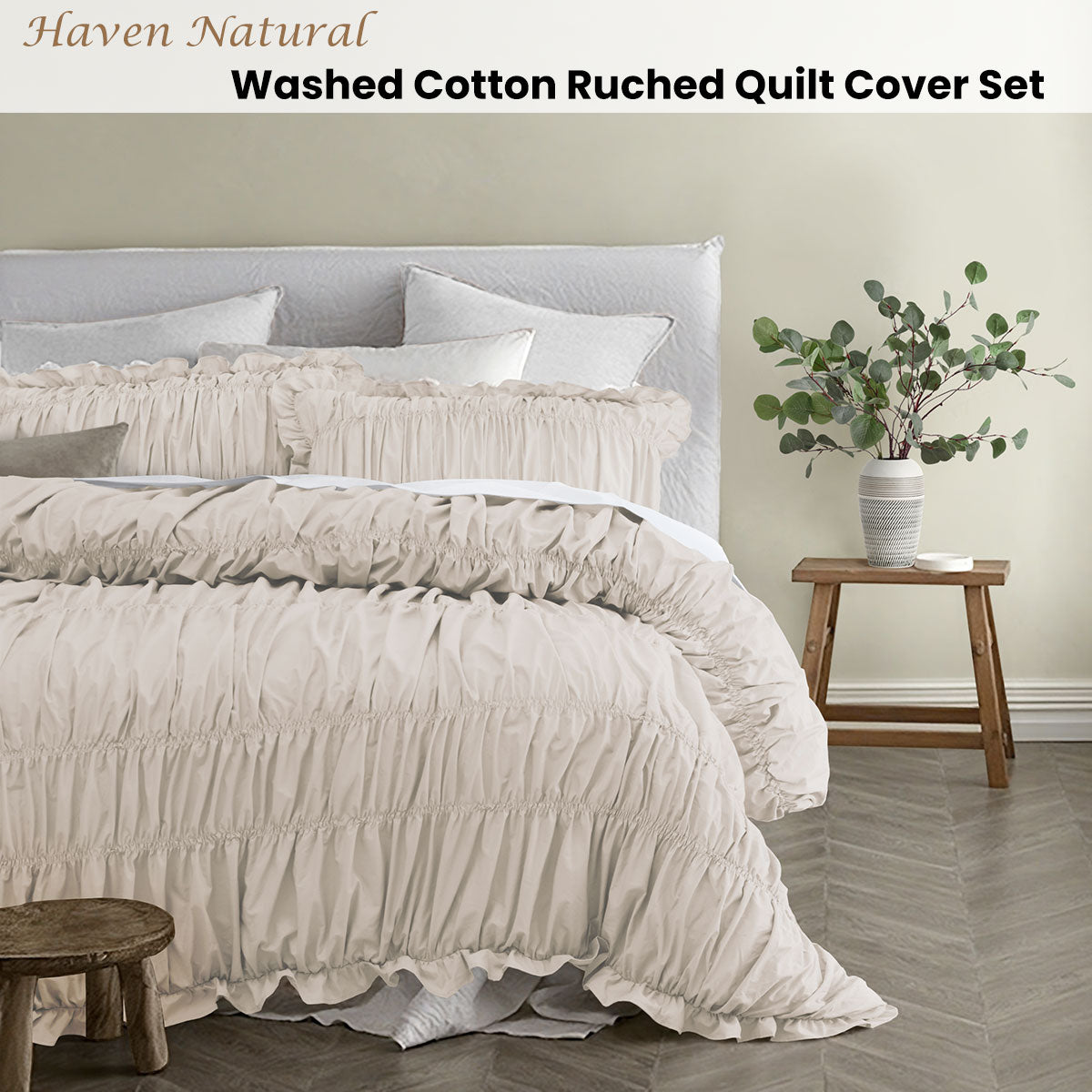 Vintage Design Homewares Haven Natural Washed Cotton Ruched Quilt Cover Set King