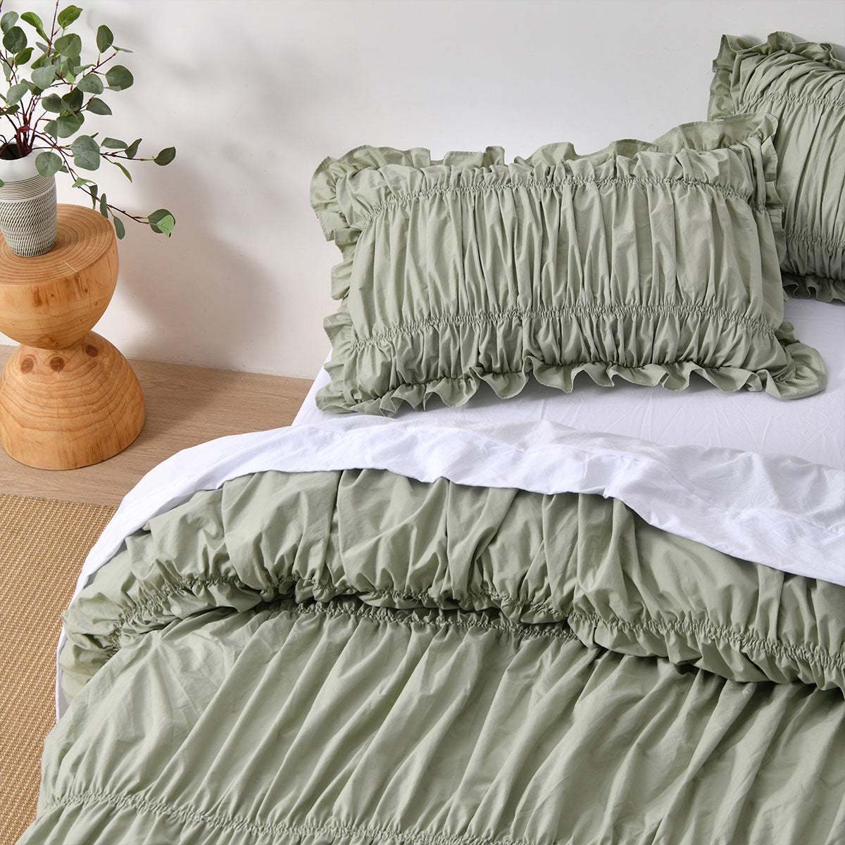 Vintage Design Homewares Haven Sage Washed Cotton Ruched Quilt Cover Set Queen 3
